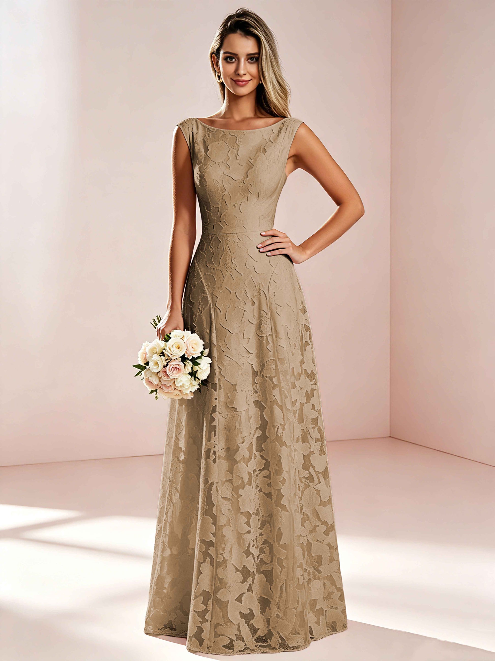 Boat Neck Jacquard Chiffon Floor Length Bridesmaid Dresses