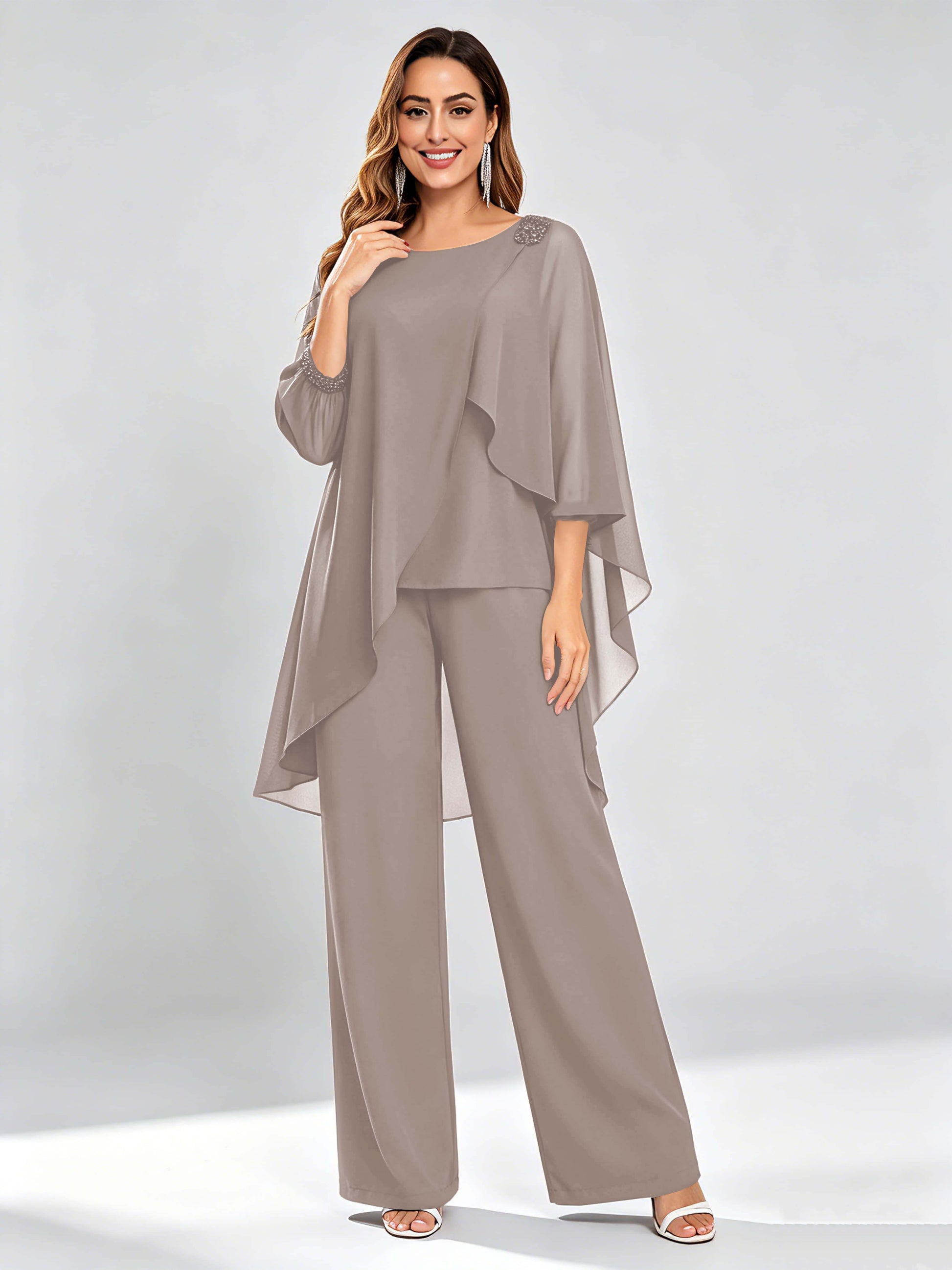Asymmetric Chiffon 2 Pieces Mother of The Bride Pant Suits