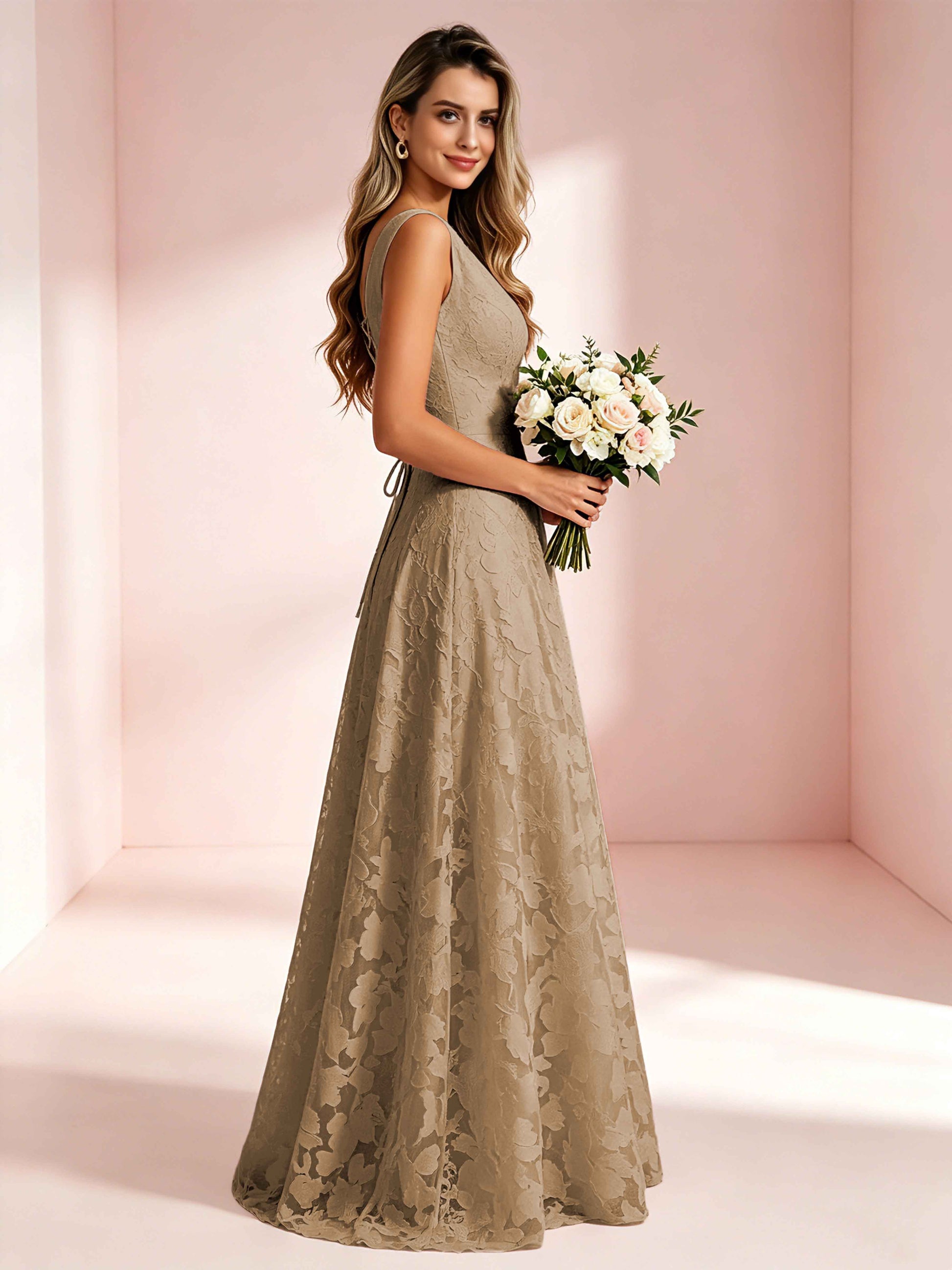 Boat Neck Jacquard Chiffon Floor Length Bridesmaid Dresses