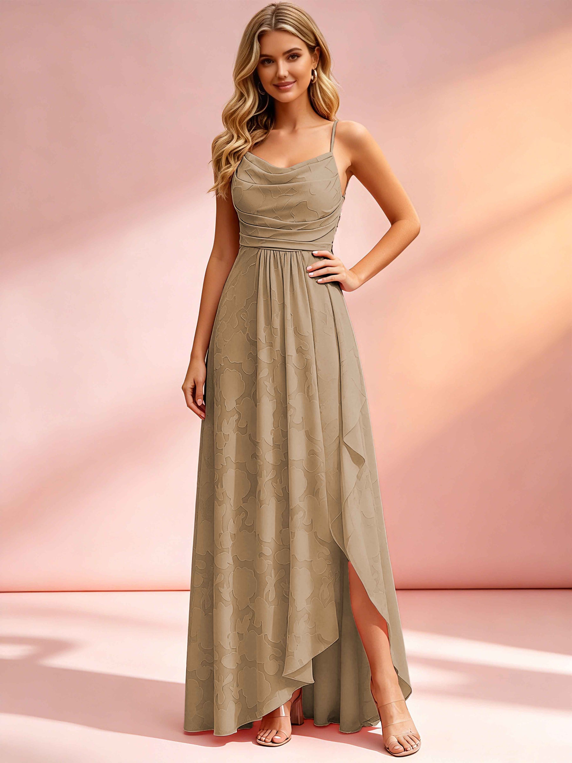 Jacquard Chiffon Cowl Neck Bridesmaid Dresses with Ruffle Slit