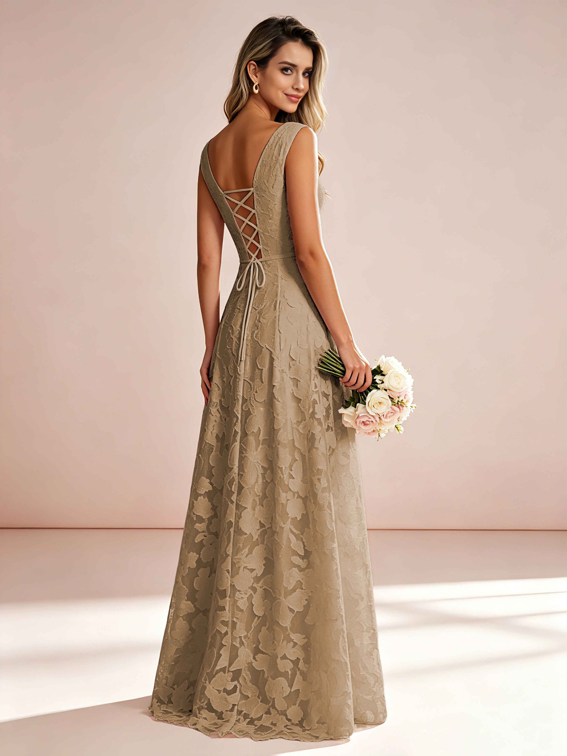 Boat Neck Jacquard Chiffon Floor Length Bridesmaid Dresses
