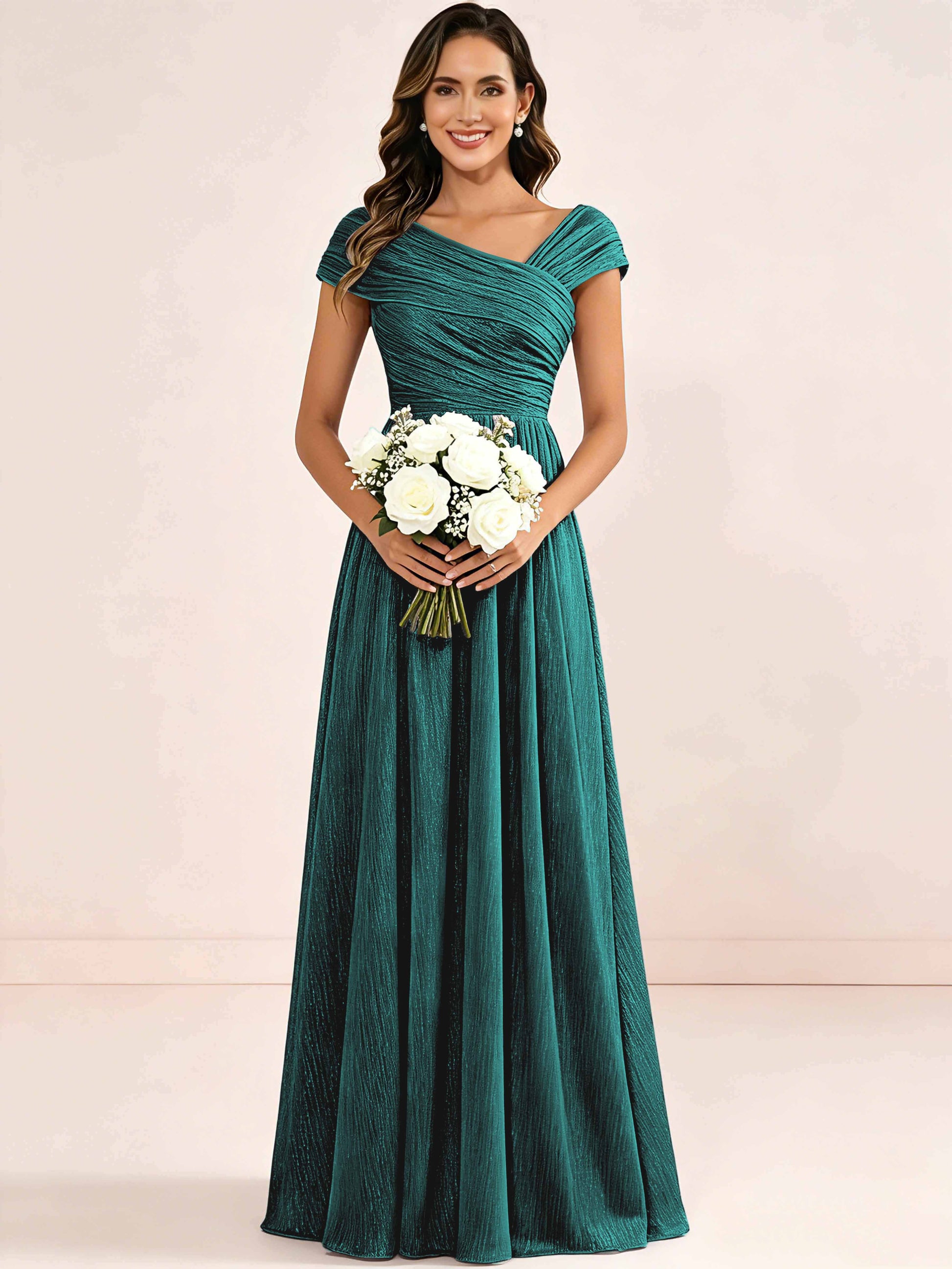 Shiny Striped Chiffon Ruched Cap Sleeve Mother of The Bride Dress