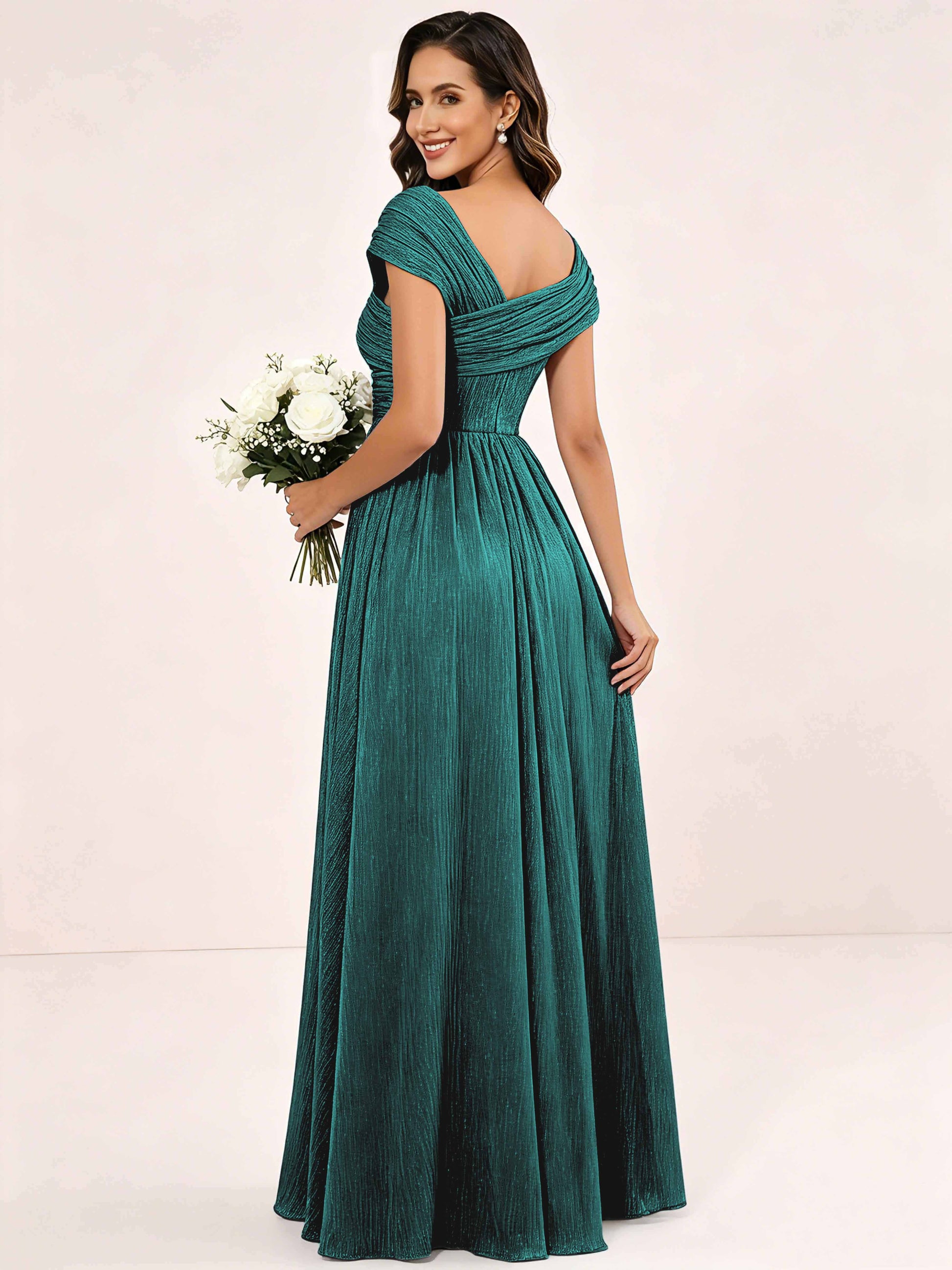 Shiny Striped Chiffon Ruched Cap Sleeve Mother of The Bride Dress