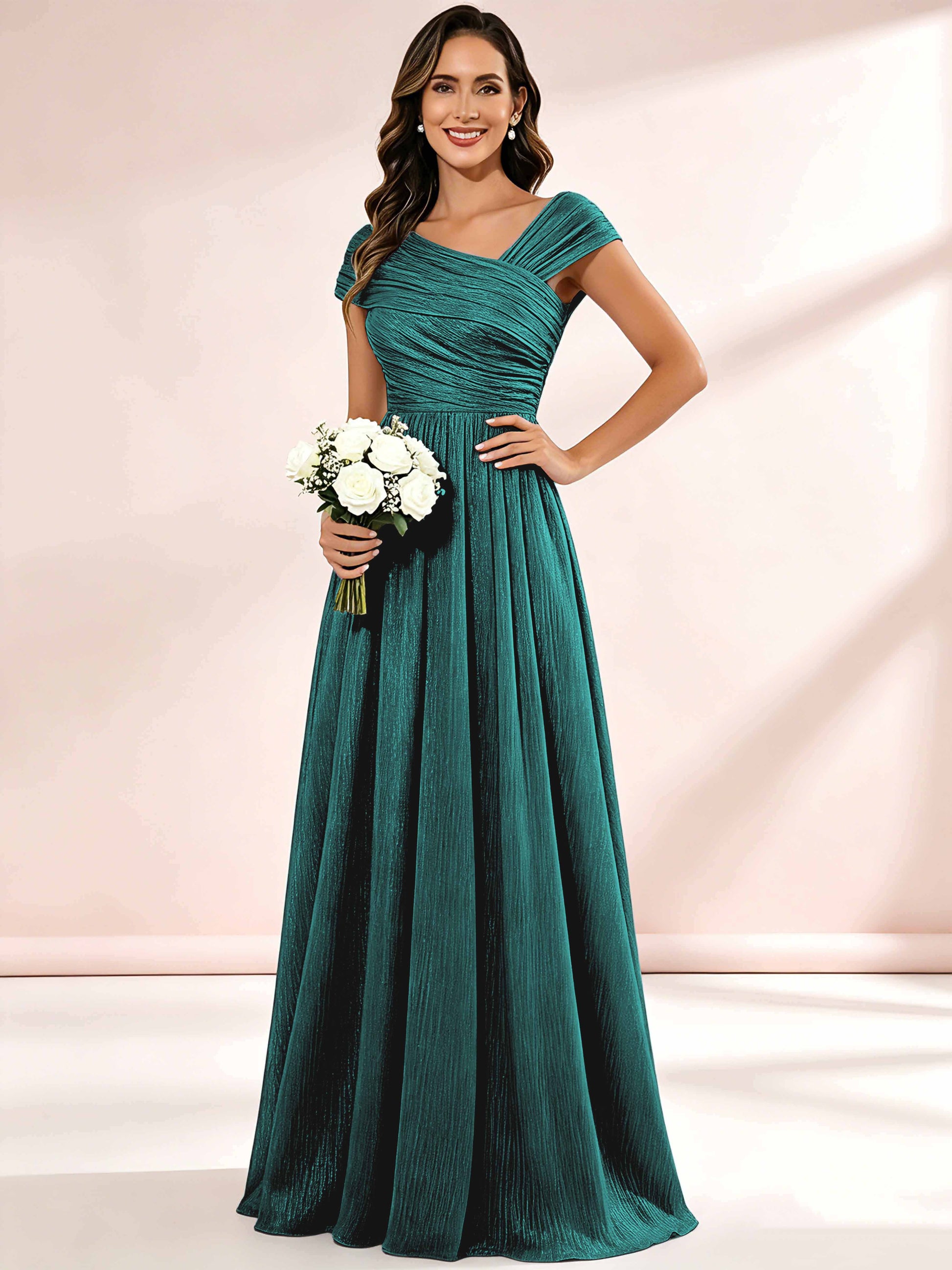 Shiny Striped Chiffon Ruched Cap Sleeve Mother of The Bride Dress