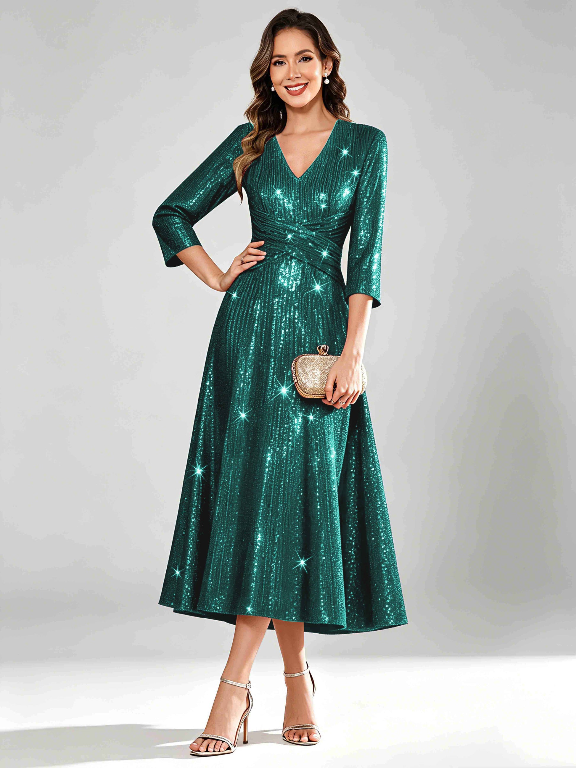 Sequin Sparkly 3/4 Sleeve Dressy Mother of The Bride Dresses