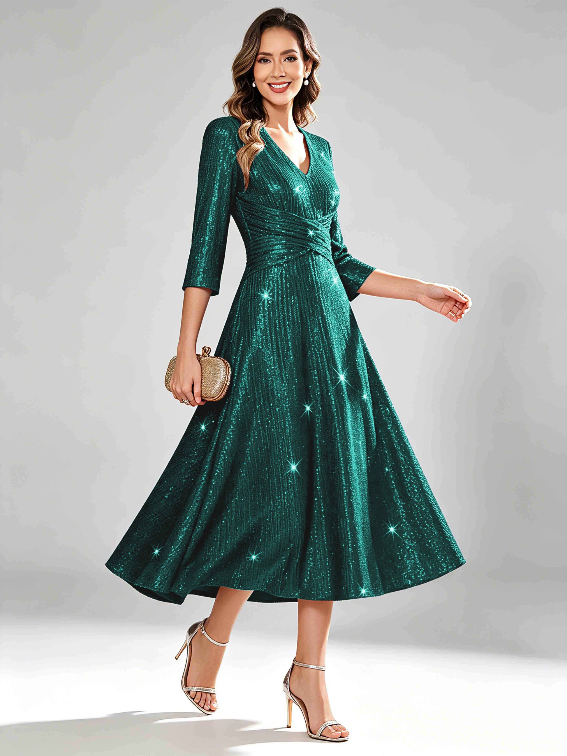 Sequin Sparkly 3/4 Sleeve Dressy Mother of The Bride Dresses