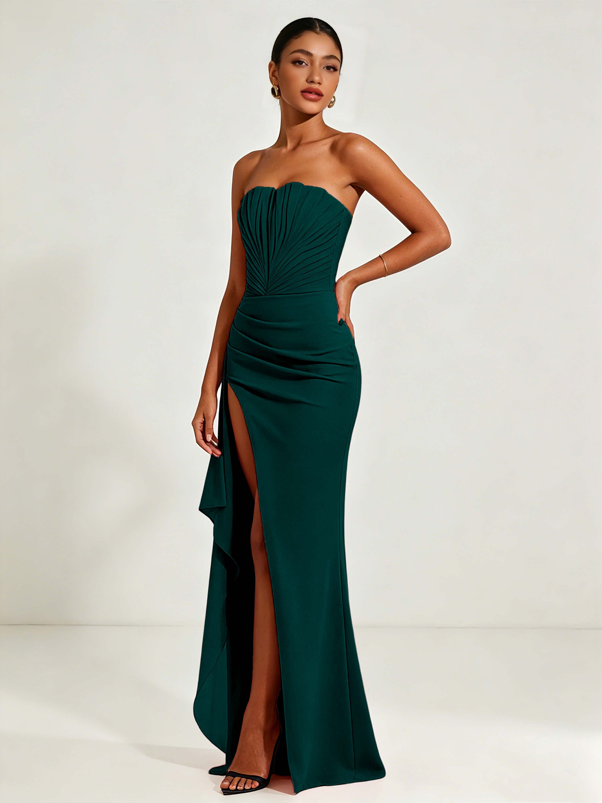 Strapless Ruched Bust Prom Dresses with Ruffle Slit