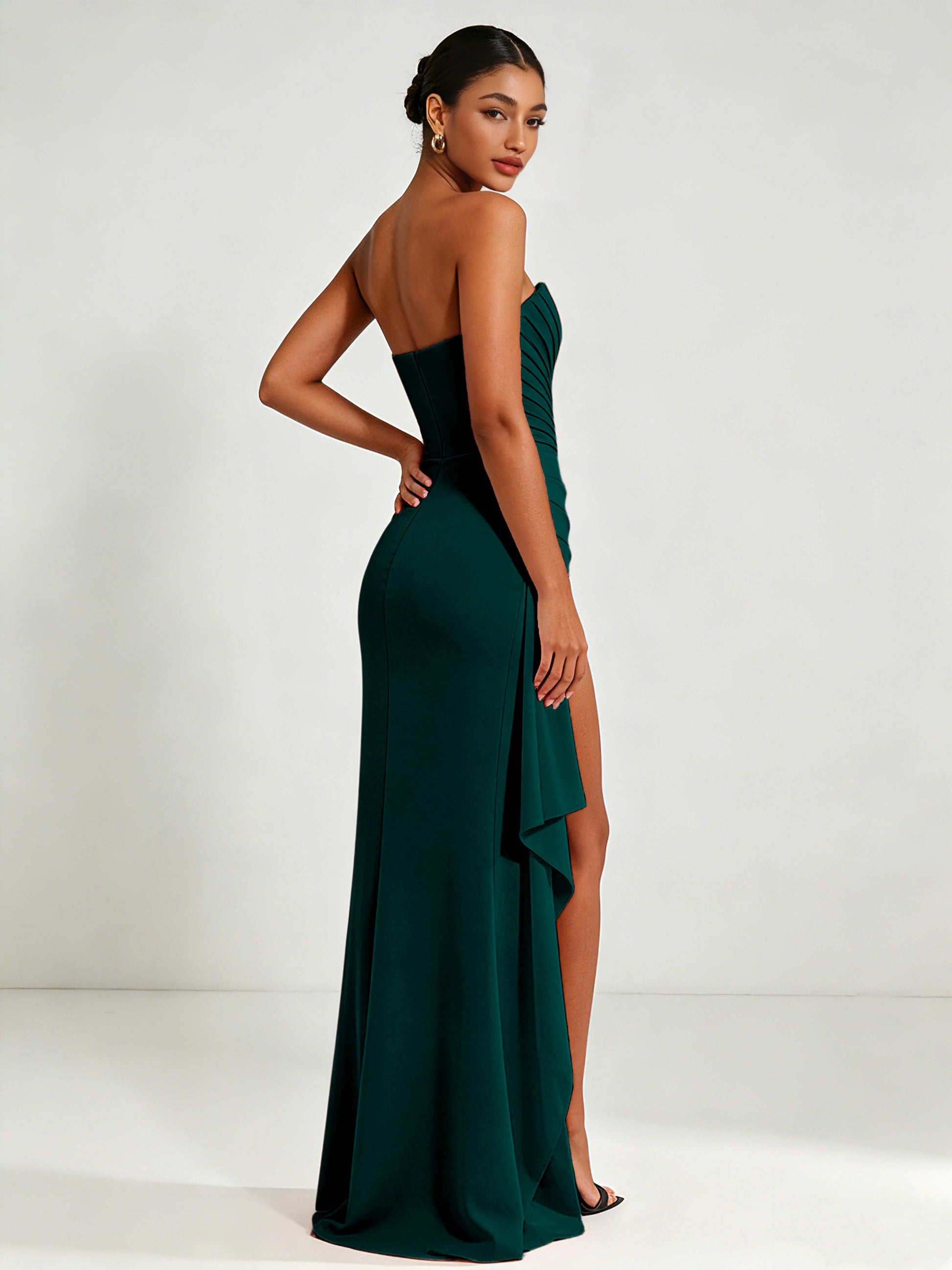Strapless Ruched Bust Prom Dresses with Ruffle Slit
