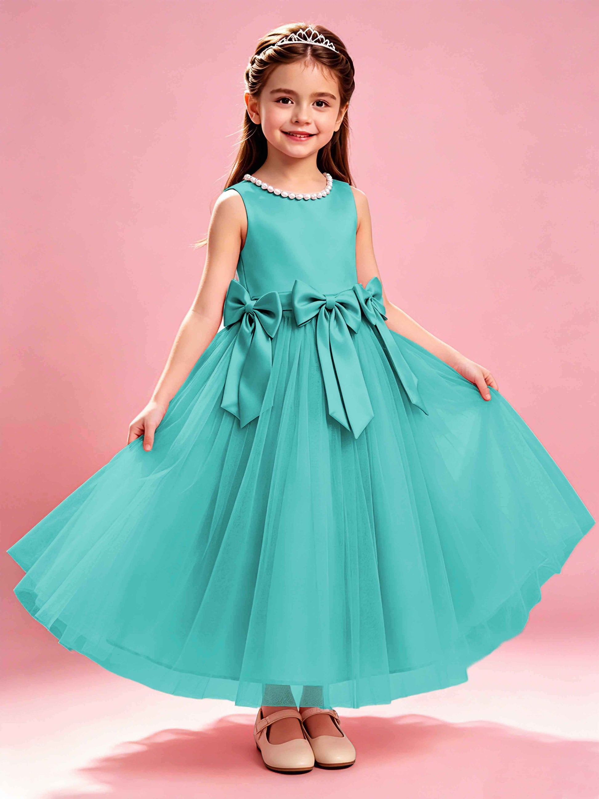 Satin Tulle Flower Girl Dress with Bow Princess Girls Pageant Gowns
