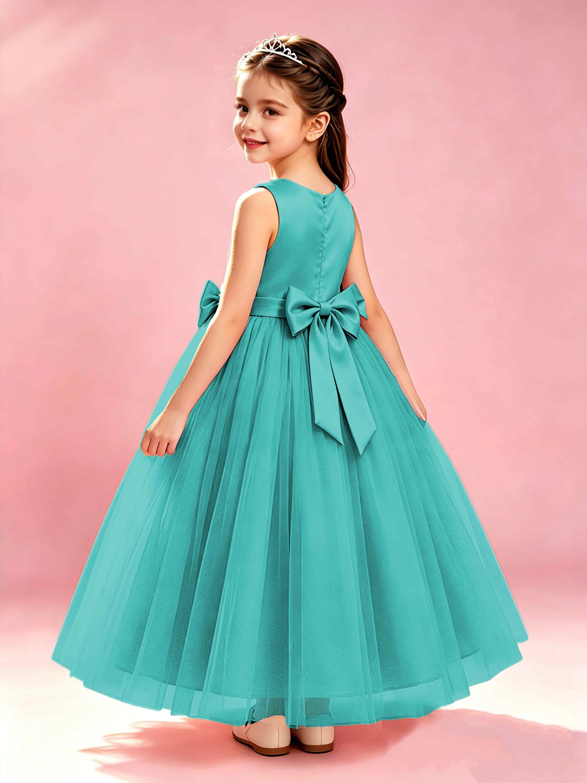 Satin Tulle Flower Girl Dress with Bow Princess Girls Pageant Gowns