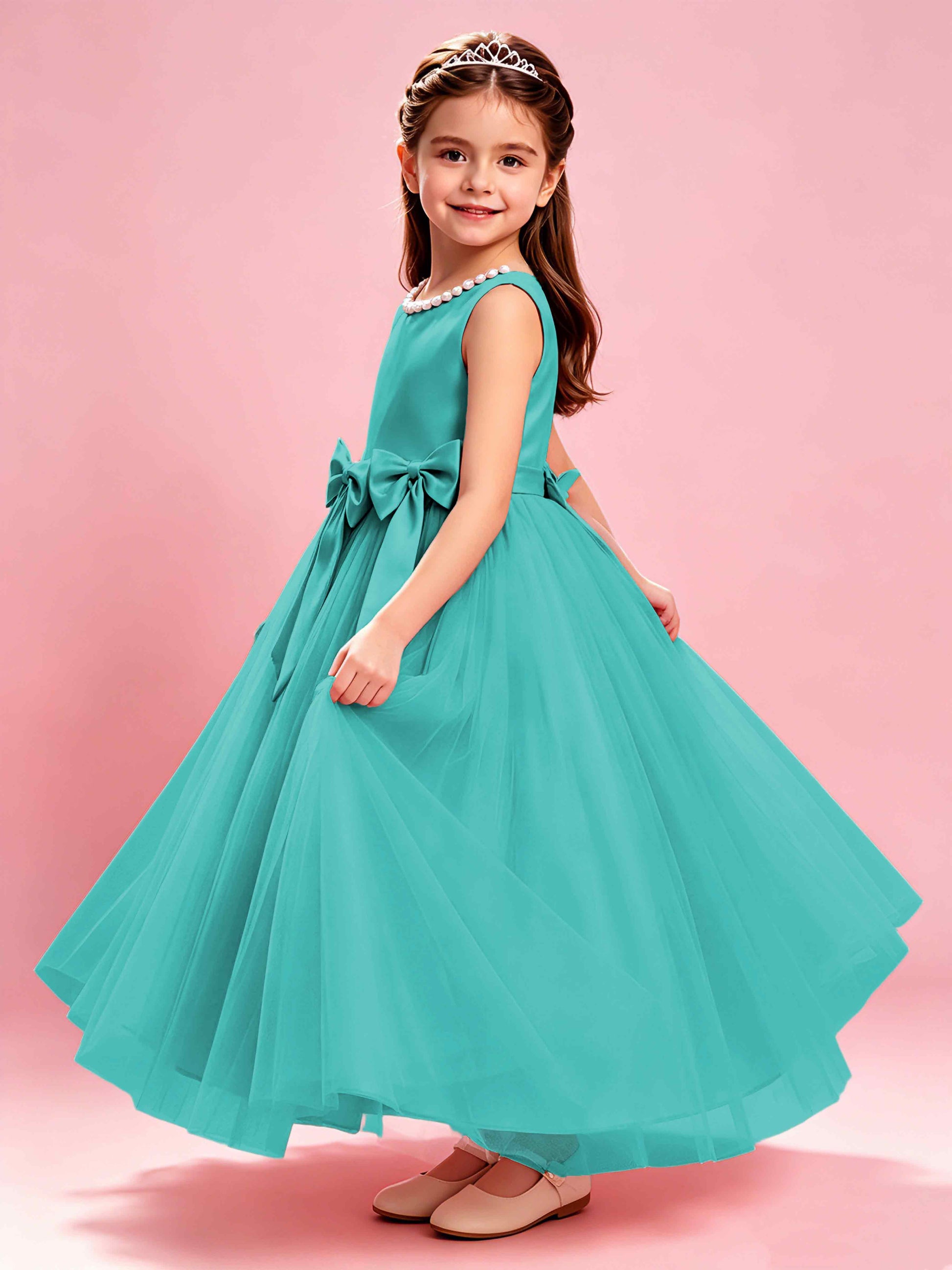 Satin Tulle Flower Girl Dress with Bow Princess Girls Pageant Gowns