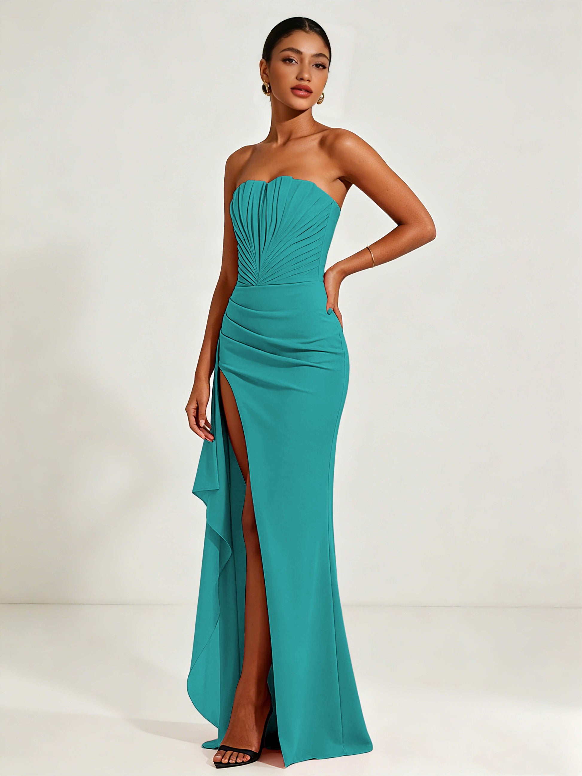Strapless Ruched Bust Prom Dresses with Ruffle Slit
