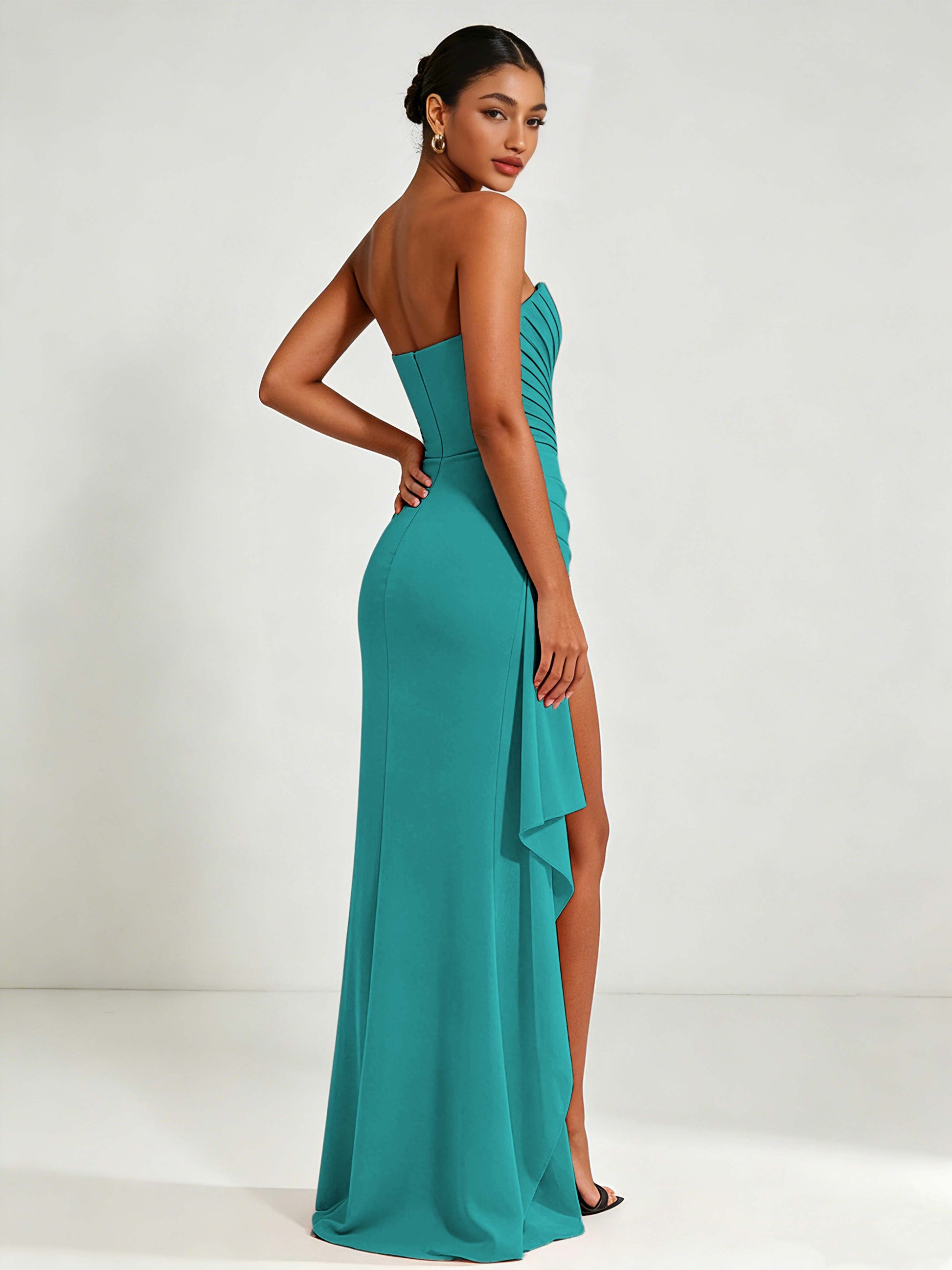 Strapless Ruched Bust Prom Dresses with Ruffle Slit