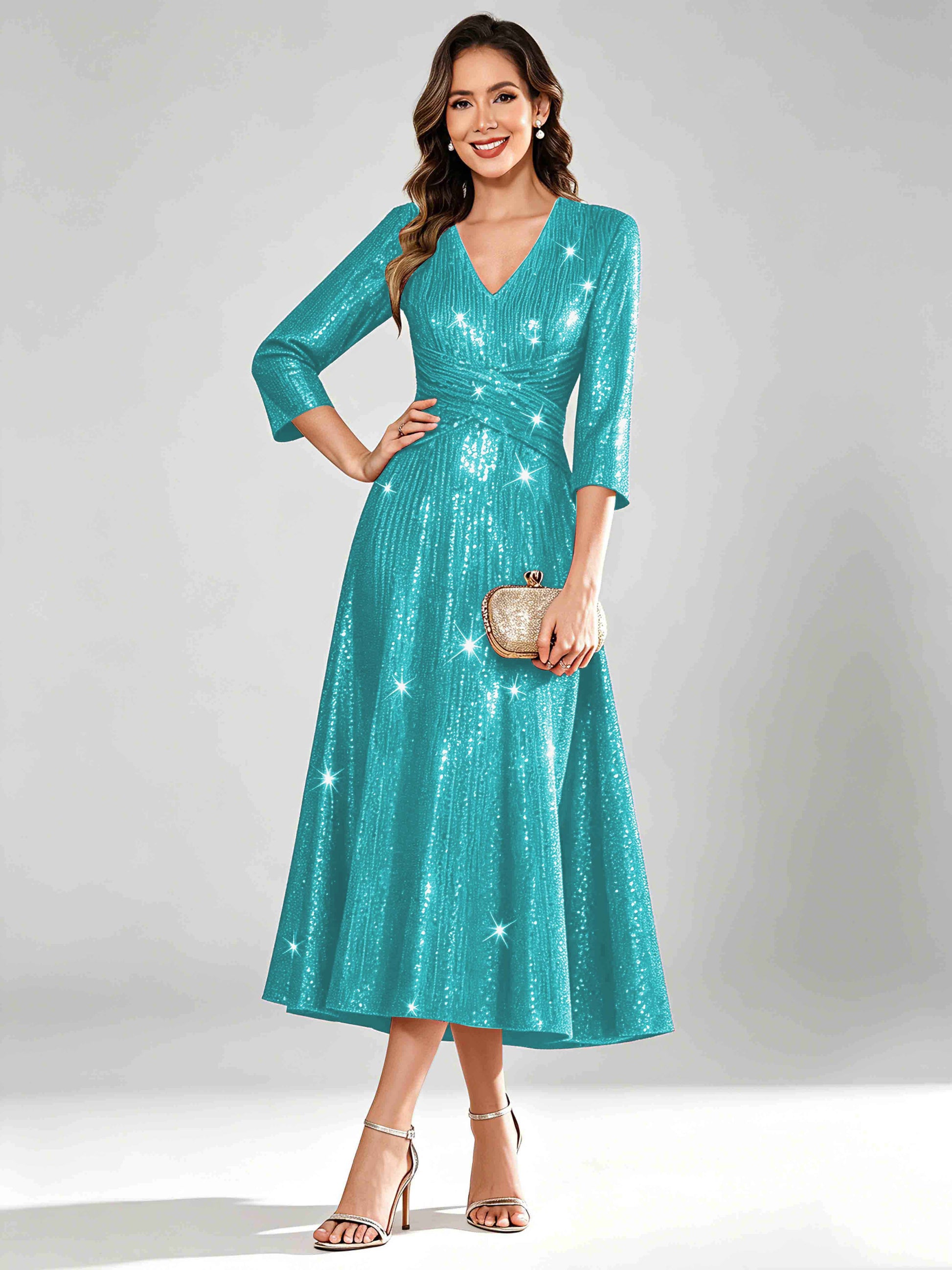 Sequin Sparkly 3/4 Sleeve Dressy Mother of The Bride Dresses