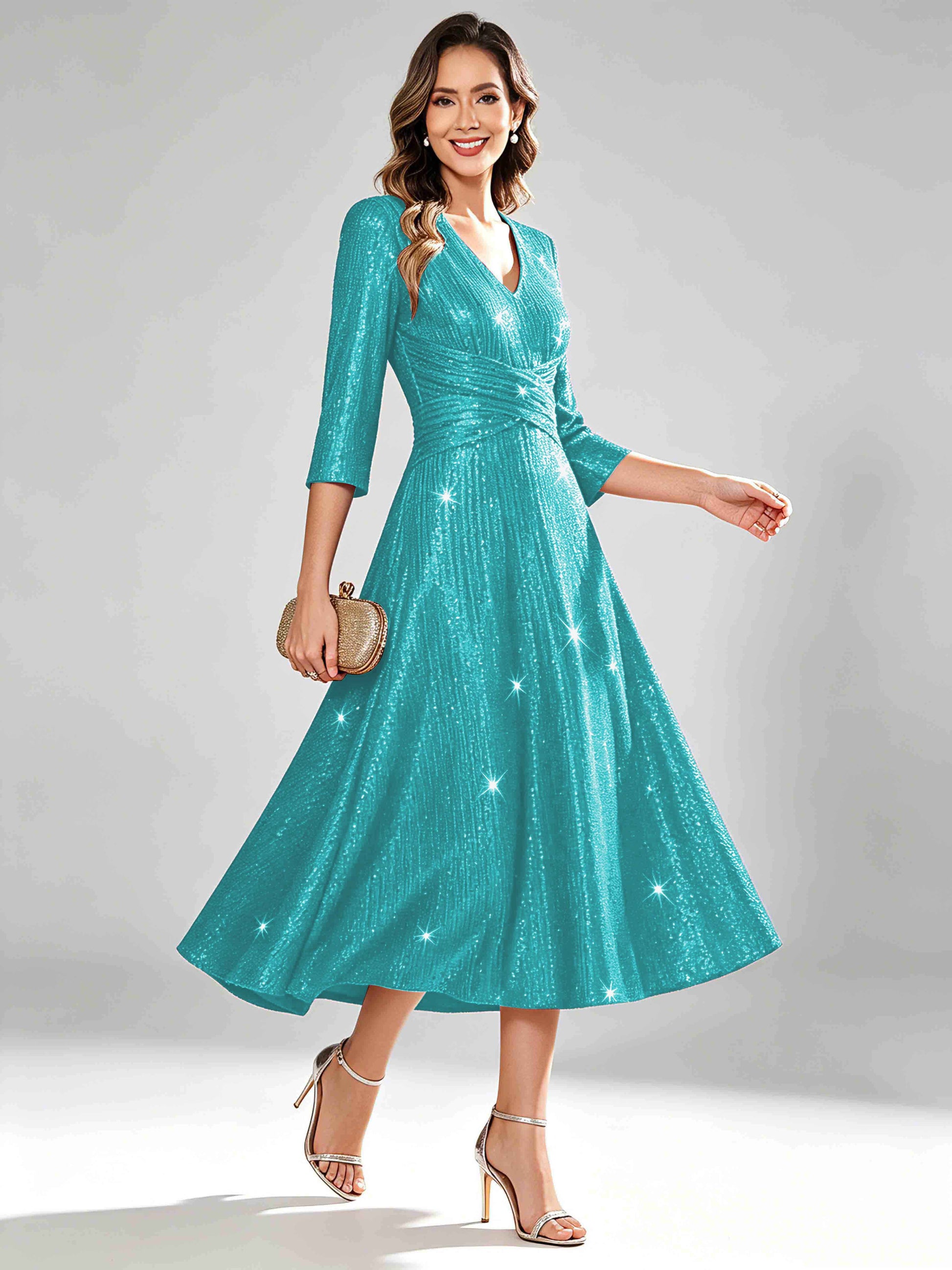 Sequin Sparkly 3/4 Sleeve Dressy Mother of The Bride Dresses