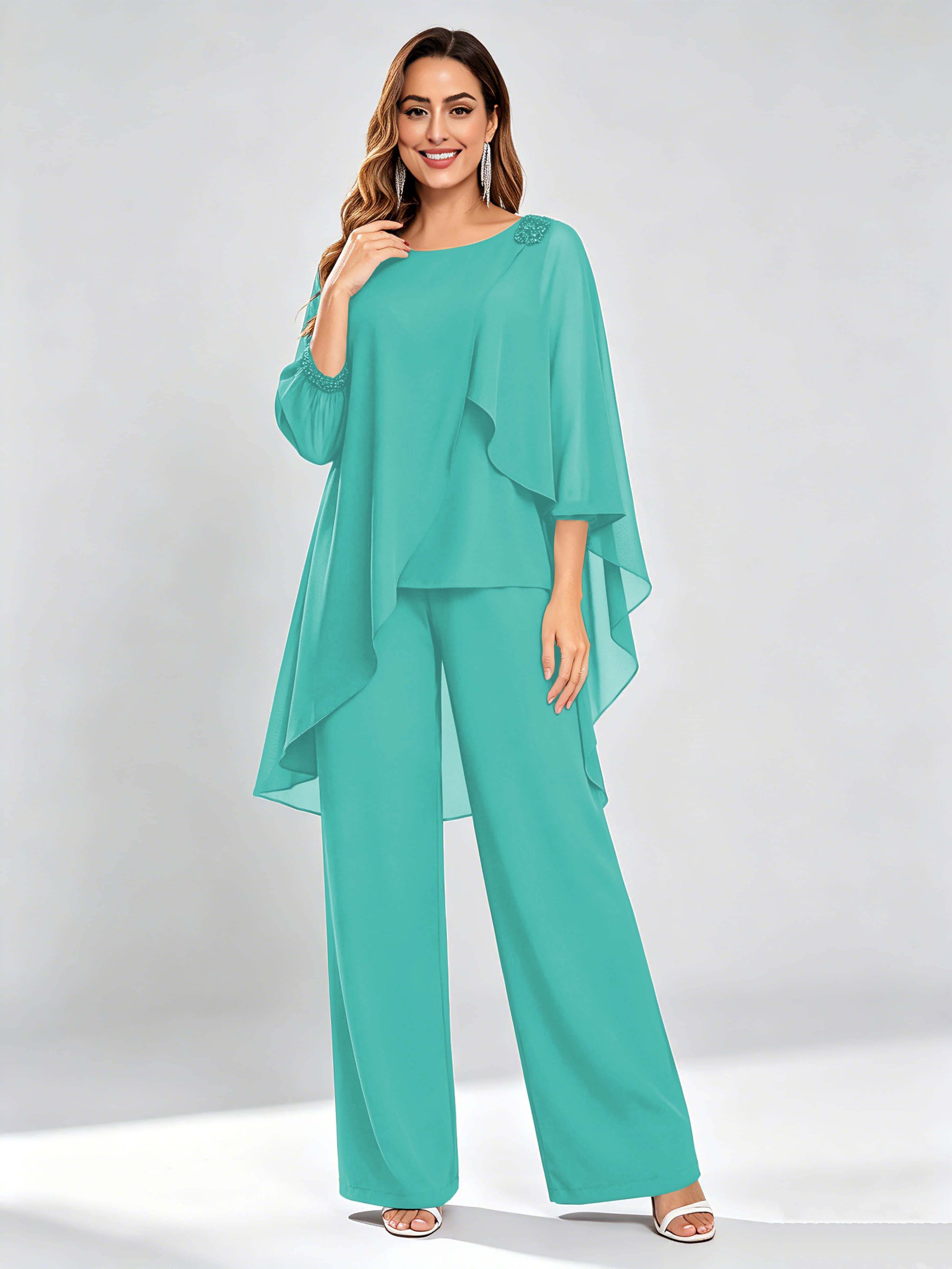 Asymmetric Chiffon 2 Pieces Mother of The Bride Pant Suits