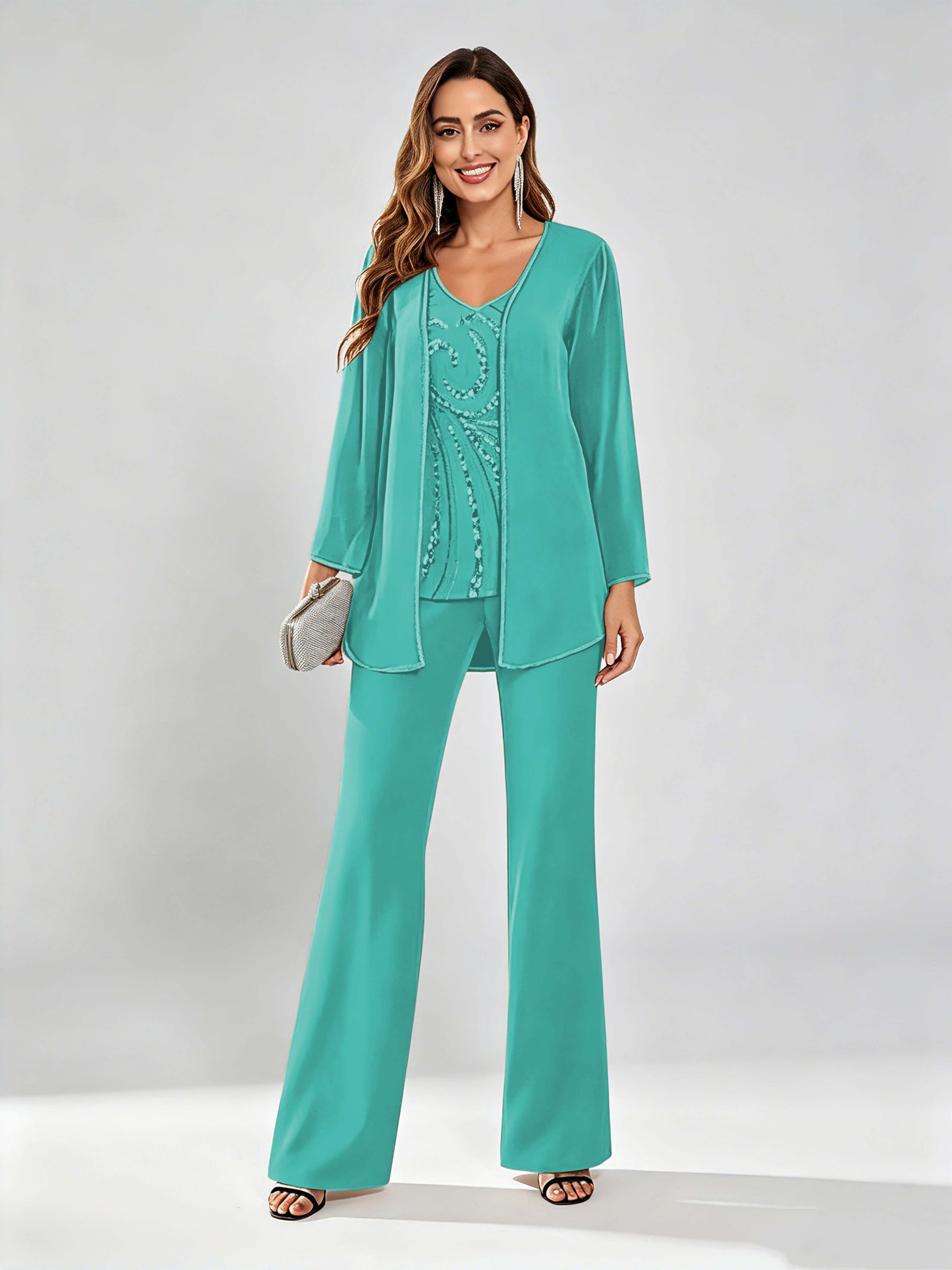 Chiffon Sequin 3 Pieces Mother of The Bride Pant Suits for Women