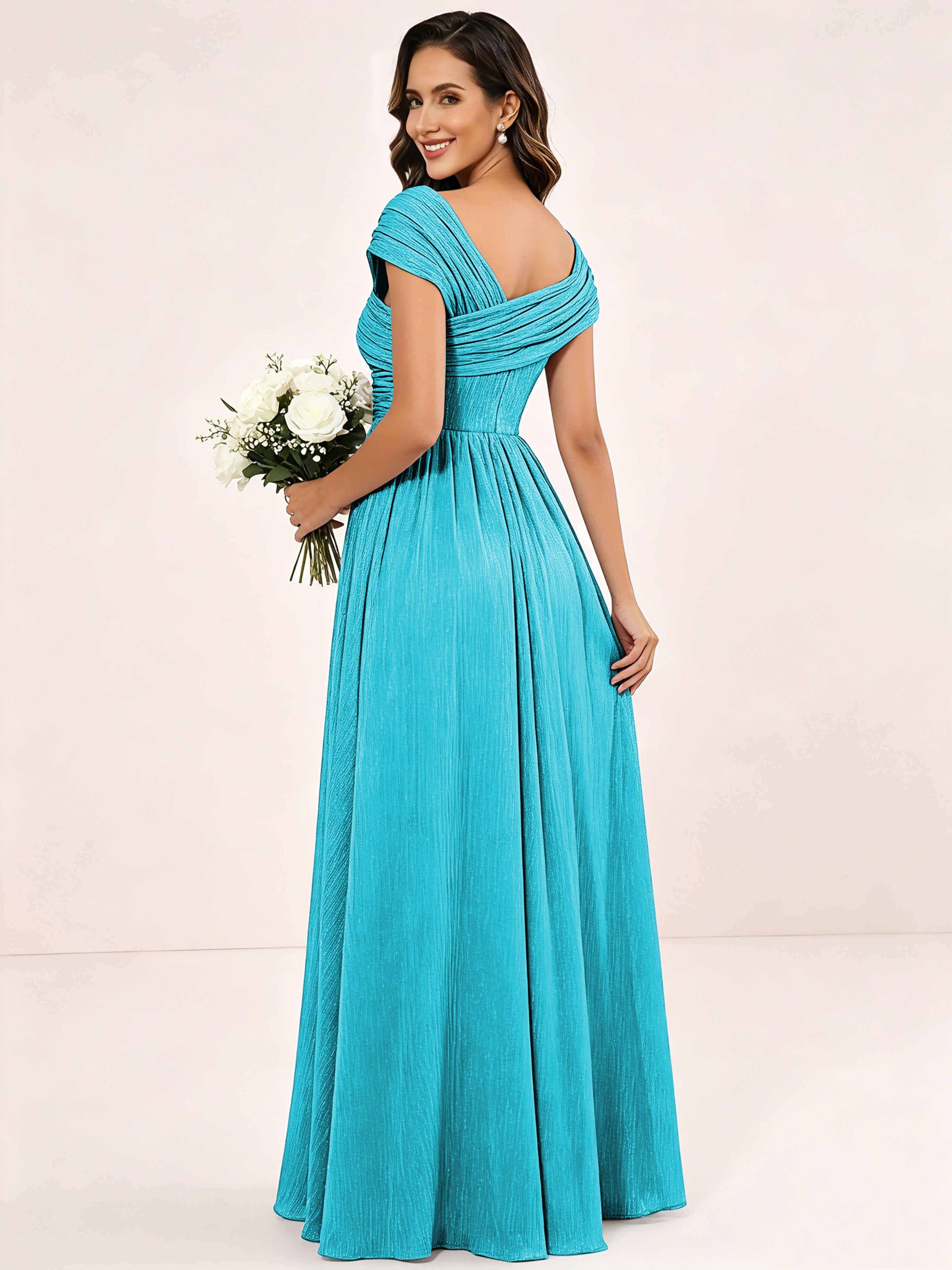 Shiny Striped Chiffon Ruched Cap Sleeve Mother of The Bride Dress