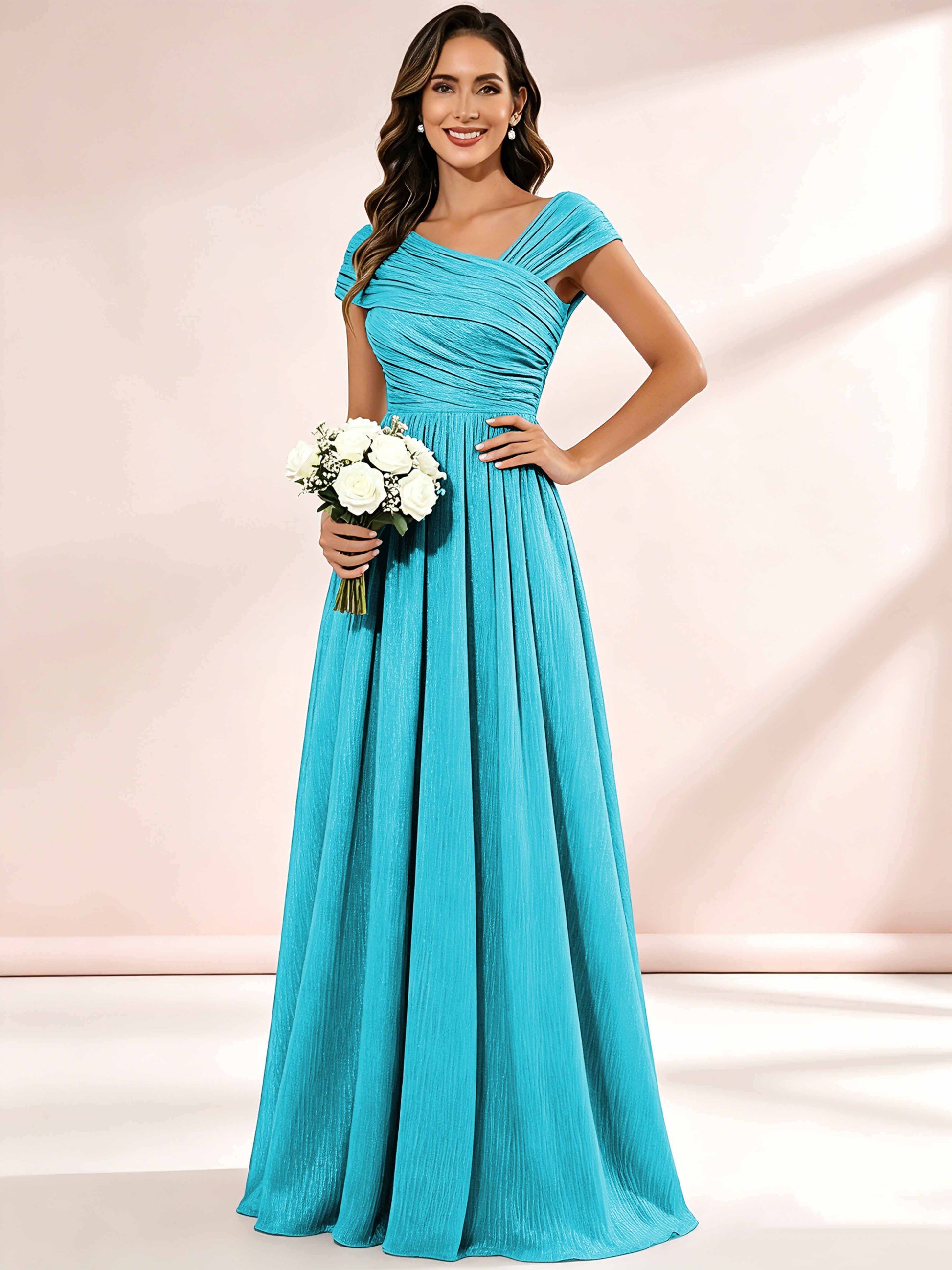Shiny Striped Chiffon Ruched Cap Sleeve Mother of The Bride Dress