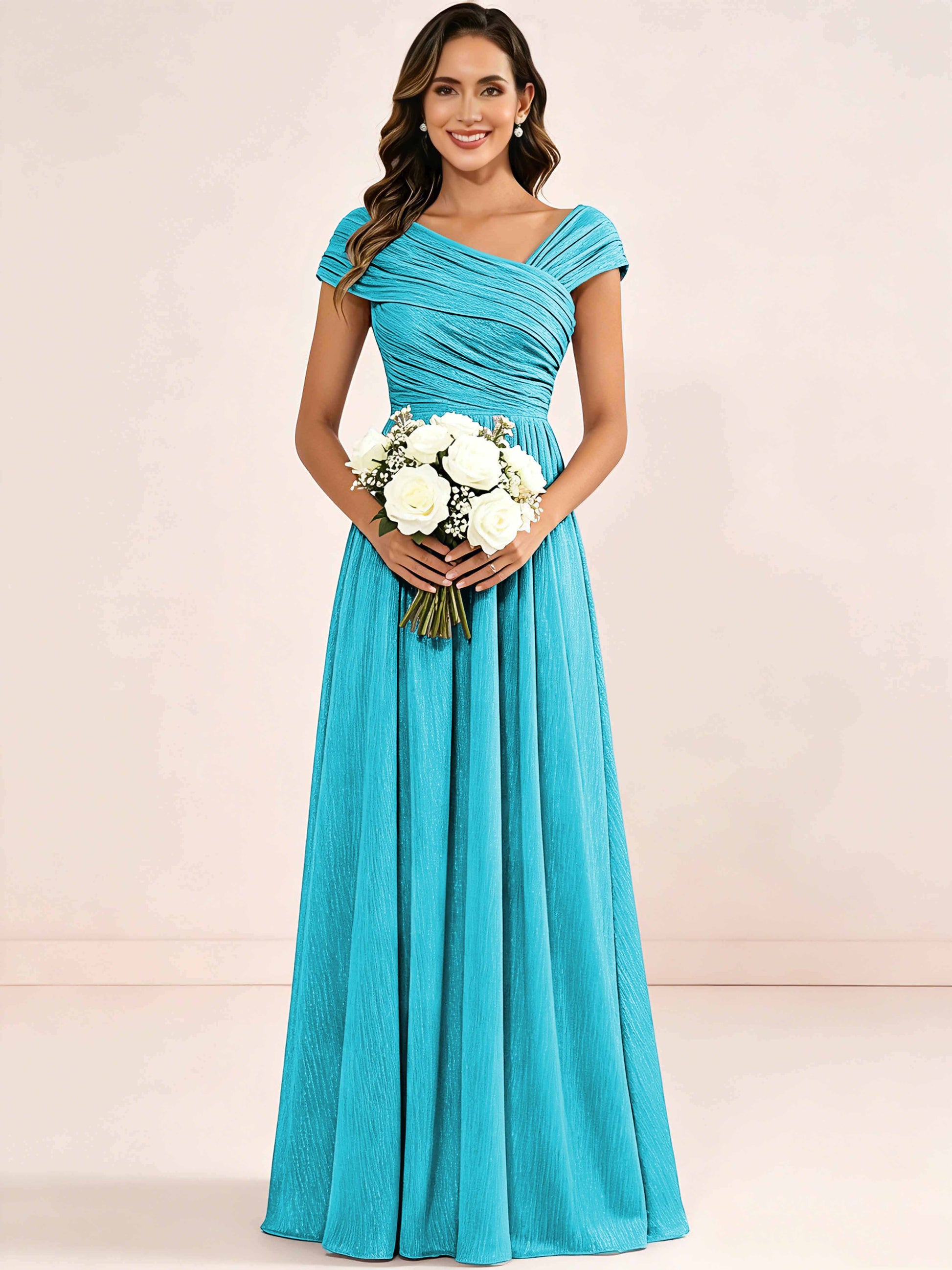 Shiny Striped Chiffon Ruched Cap Sleeve Mother of The Bride Dress