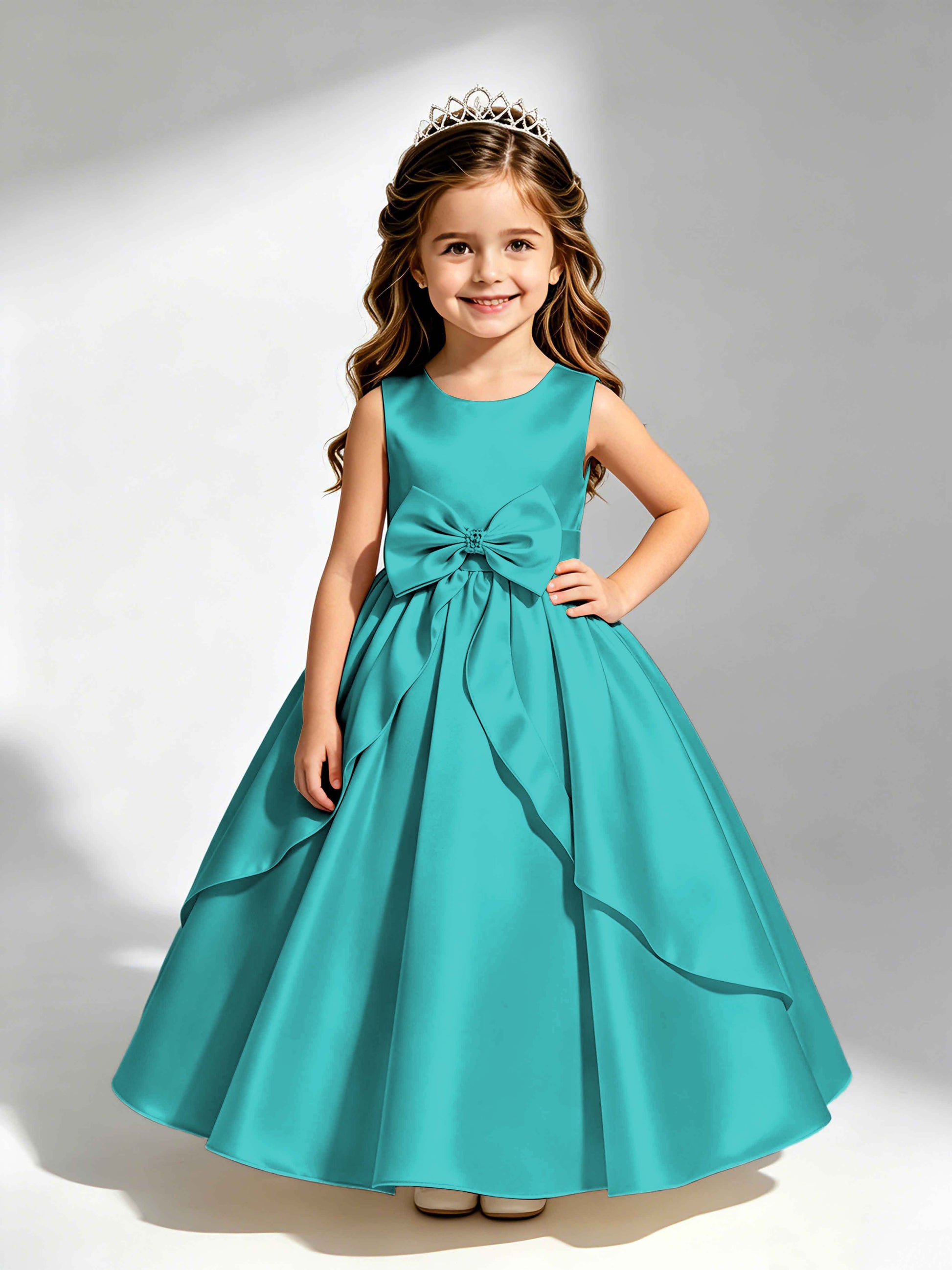 Satin Flower Girl Dress with Bow Princess Girls Pageant Gowns