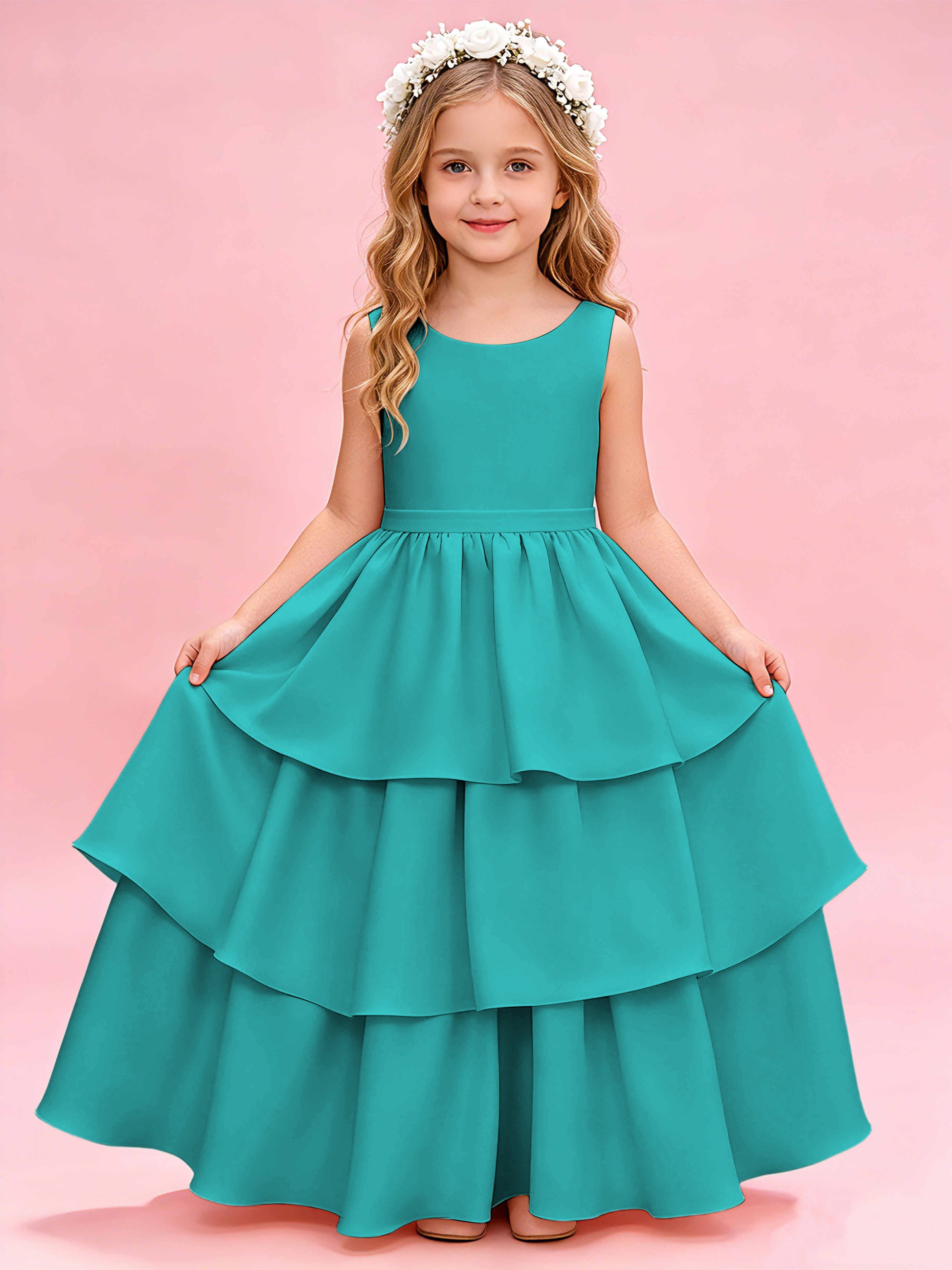 Tiered Flower Girl Dress with Bow Princess Girls Pageant Gowns