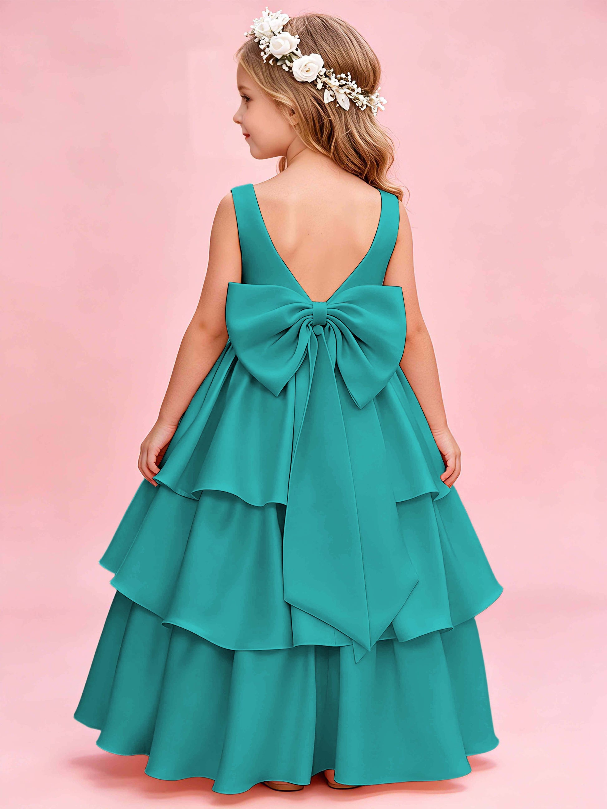 Tiered Flower Girl Dress with Bow Princess Girls Pageant Gowns