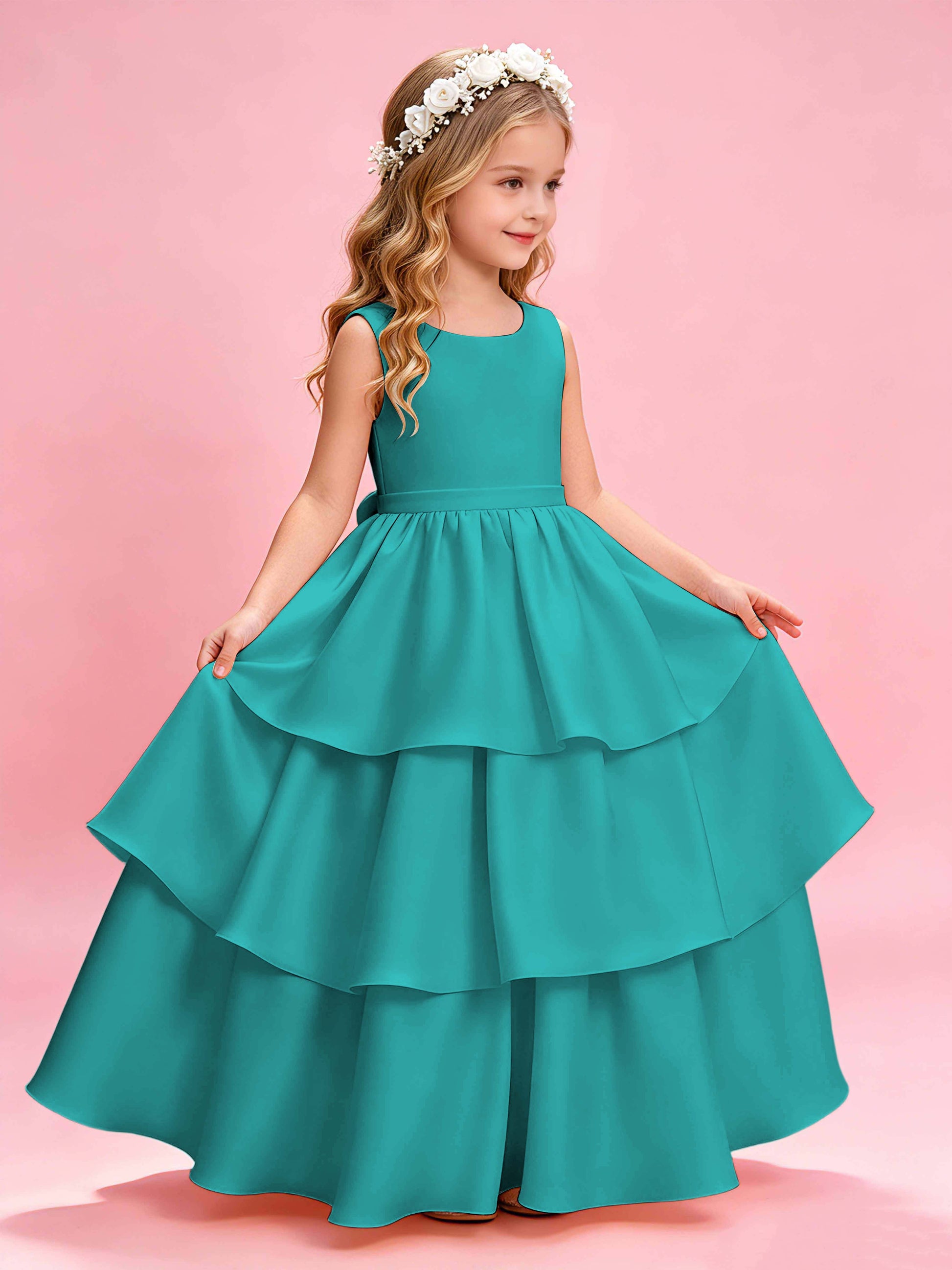 Tiered Flower Girl Dress with Bow Princess Girls Pageant Gowns