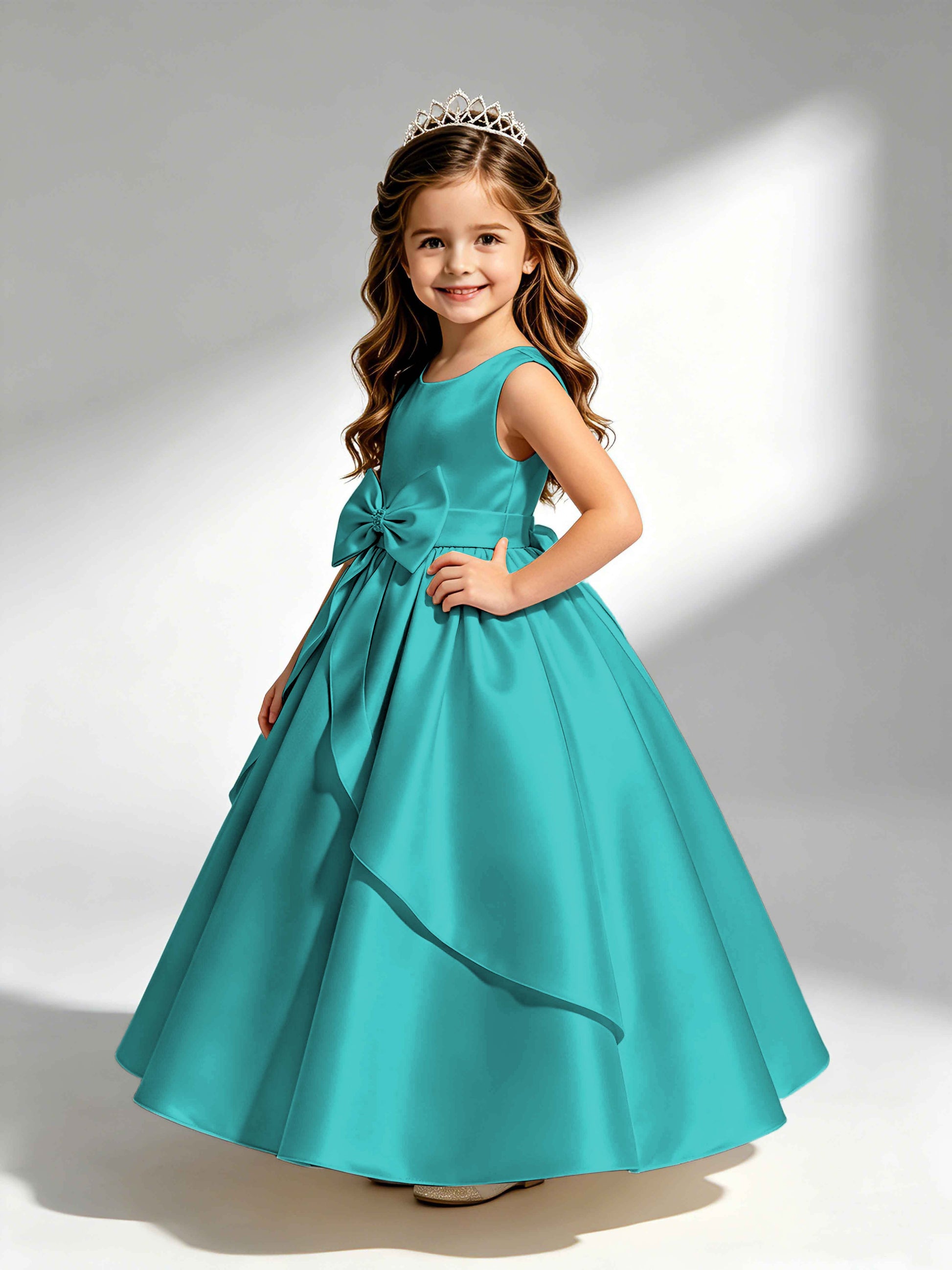 Satin Flower Girl Dress with Bow Princess Girls Pageant Gowns