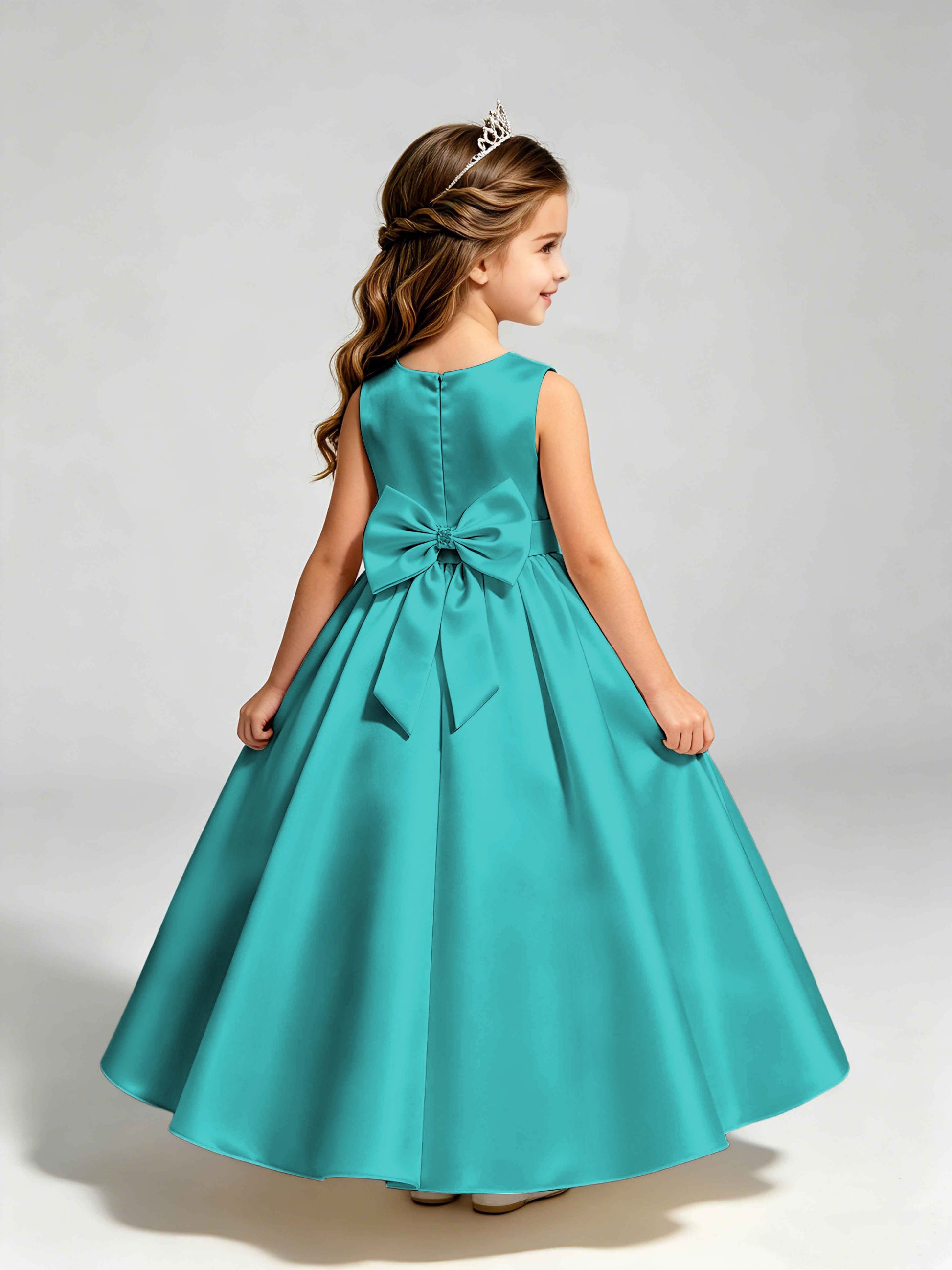 Satin Flower Girl Dress with Bow Princess Girls Pageant Gowns
