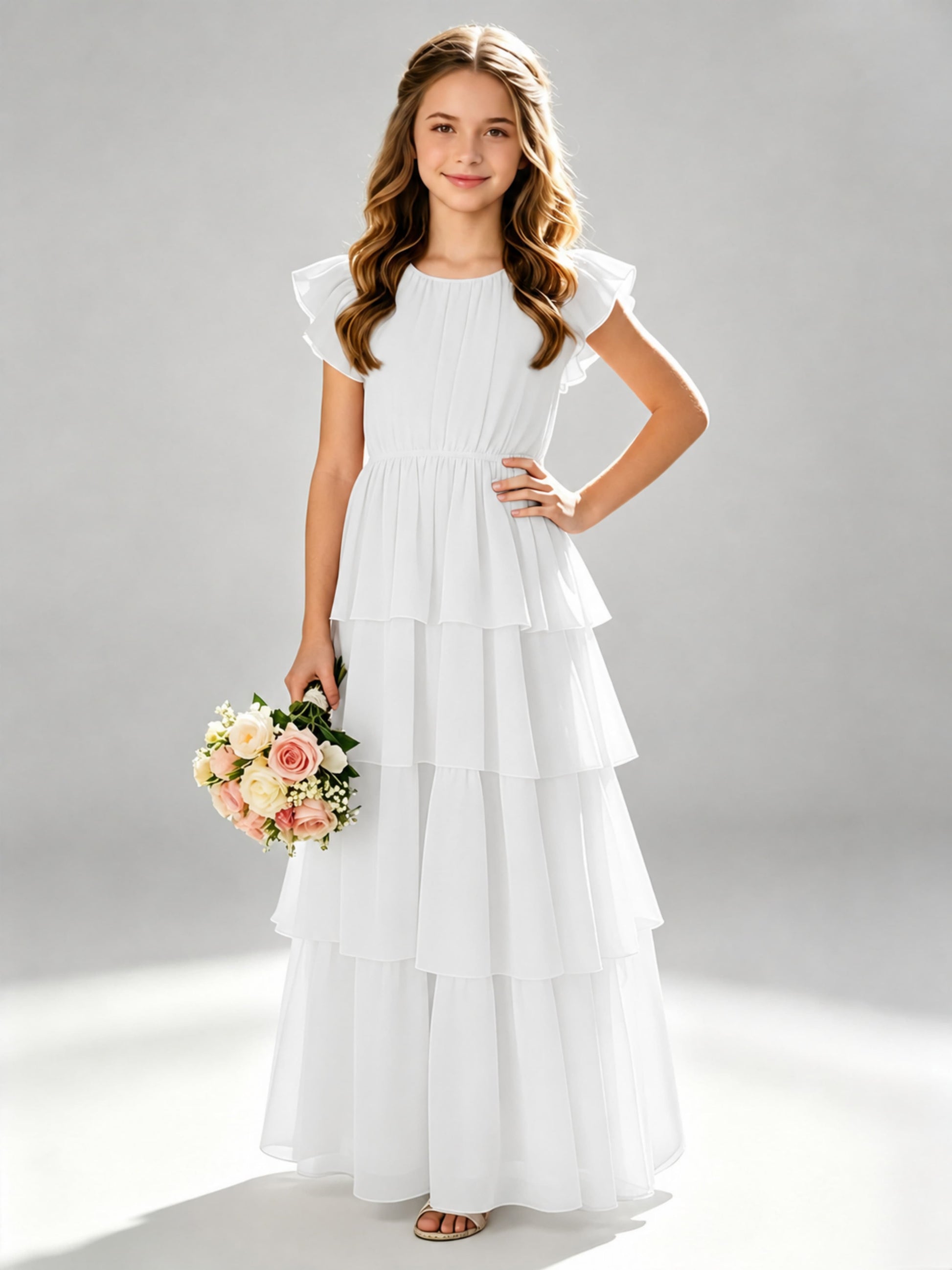 Chiffon Tiered Pleated Long Junior Bridesmaid Dresses