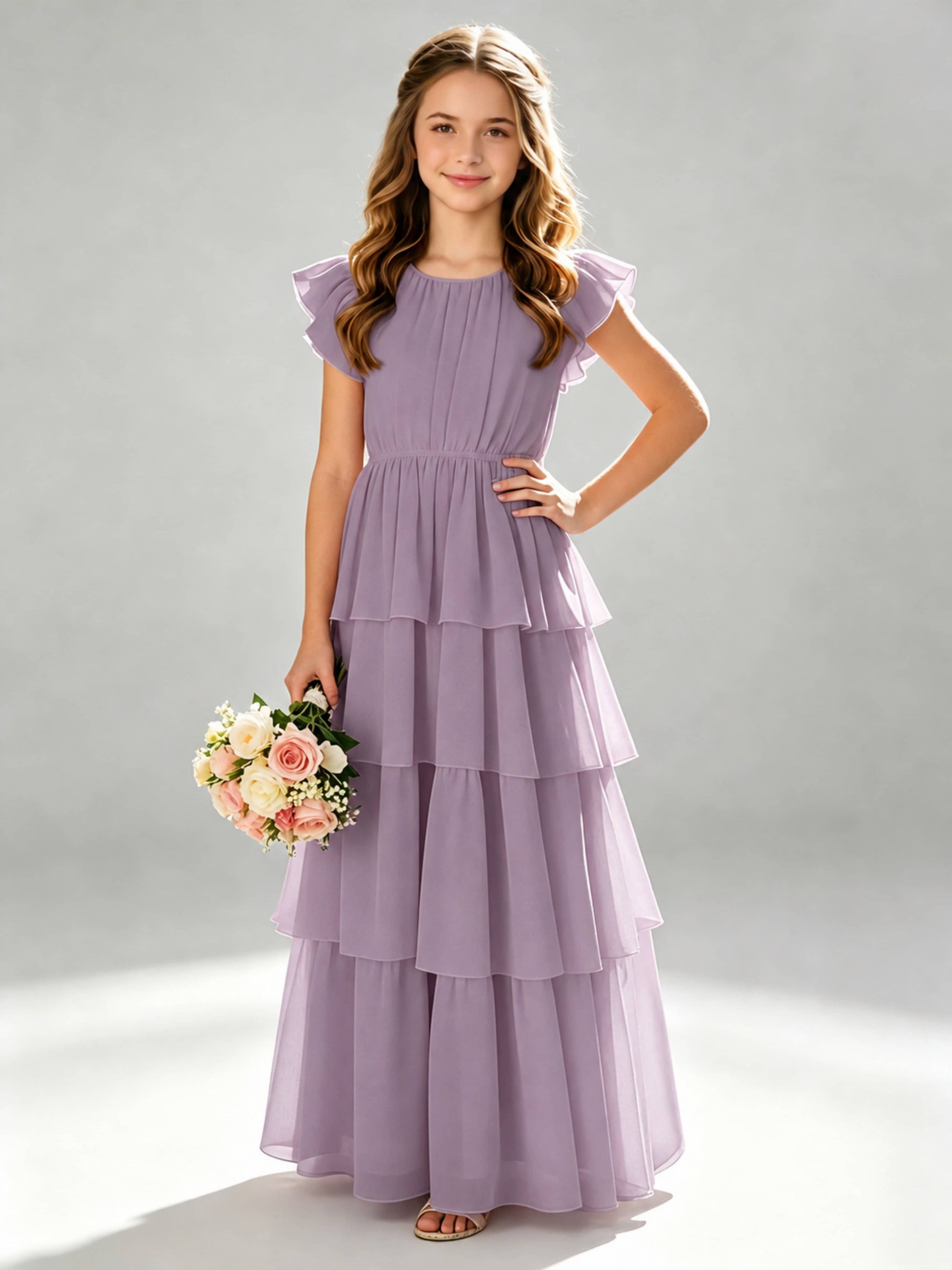 Chiffon Tiered Pleated Long Junior Bridesmaid Dresses