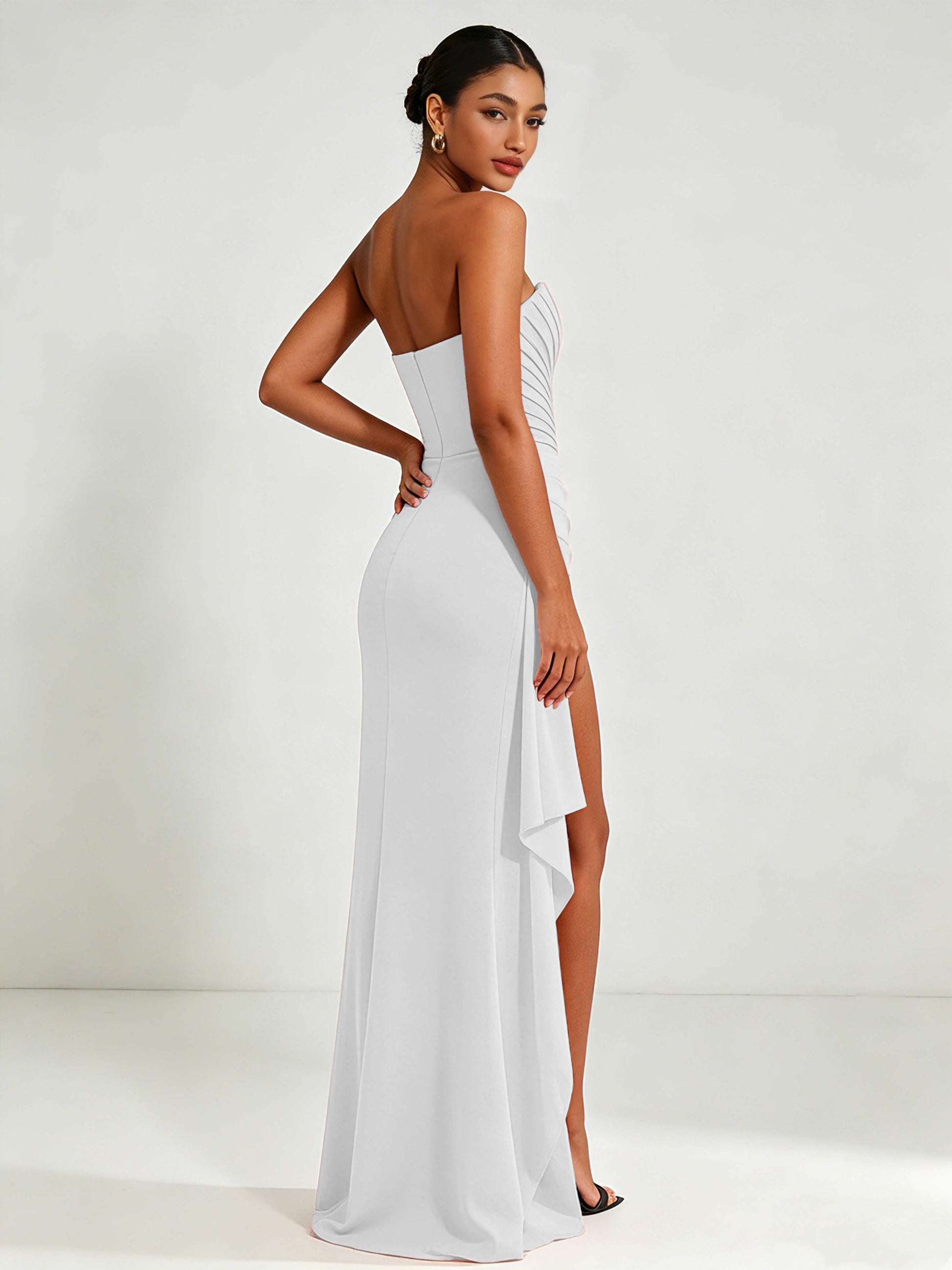 Strapless Ruched Bust Prom Dresses with Ruffle Slit