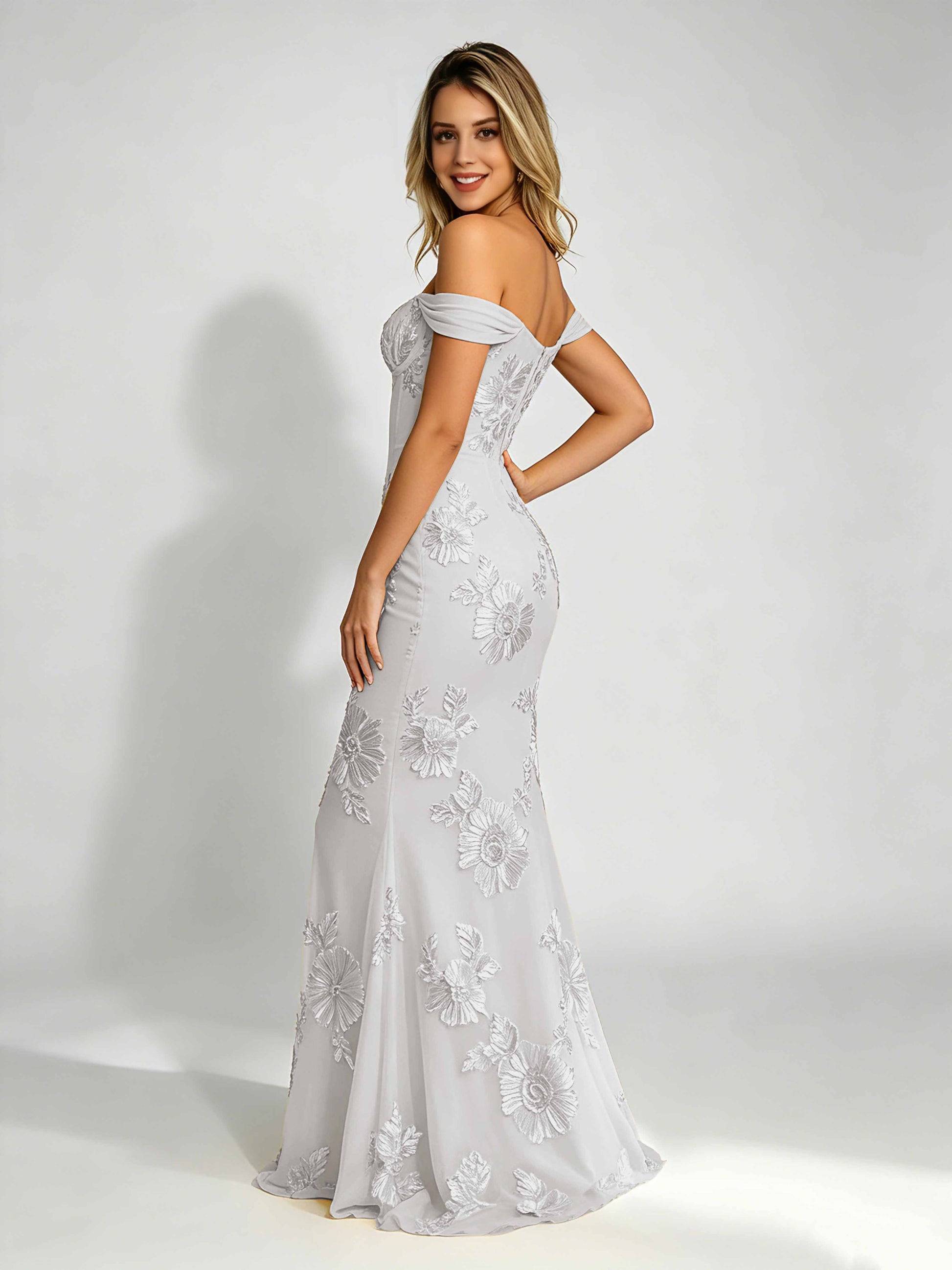 Embroidery Mesh Prom Dress for Teen Off Shoulder Formal Party Gown