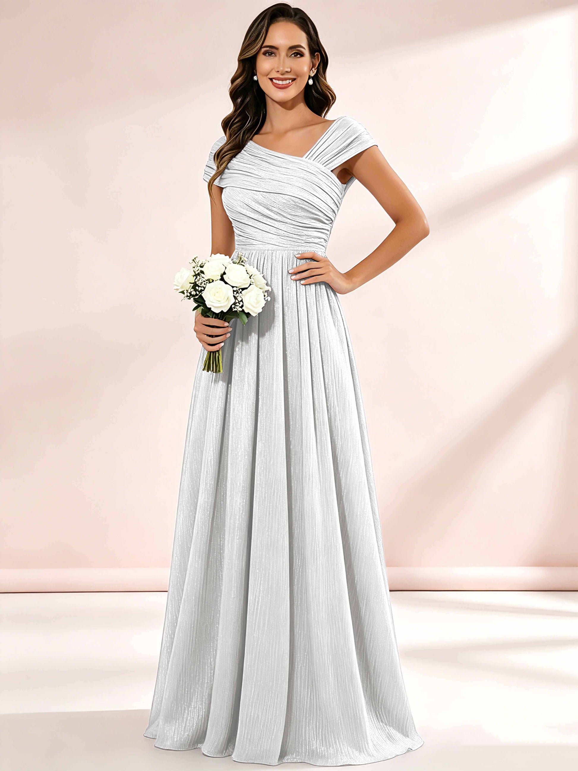 Shiny Striped Chiffon Ruched Cap Sleeve Mother of The Bride Dress