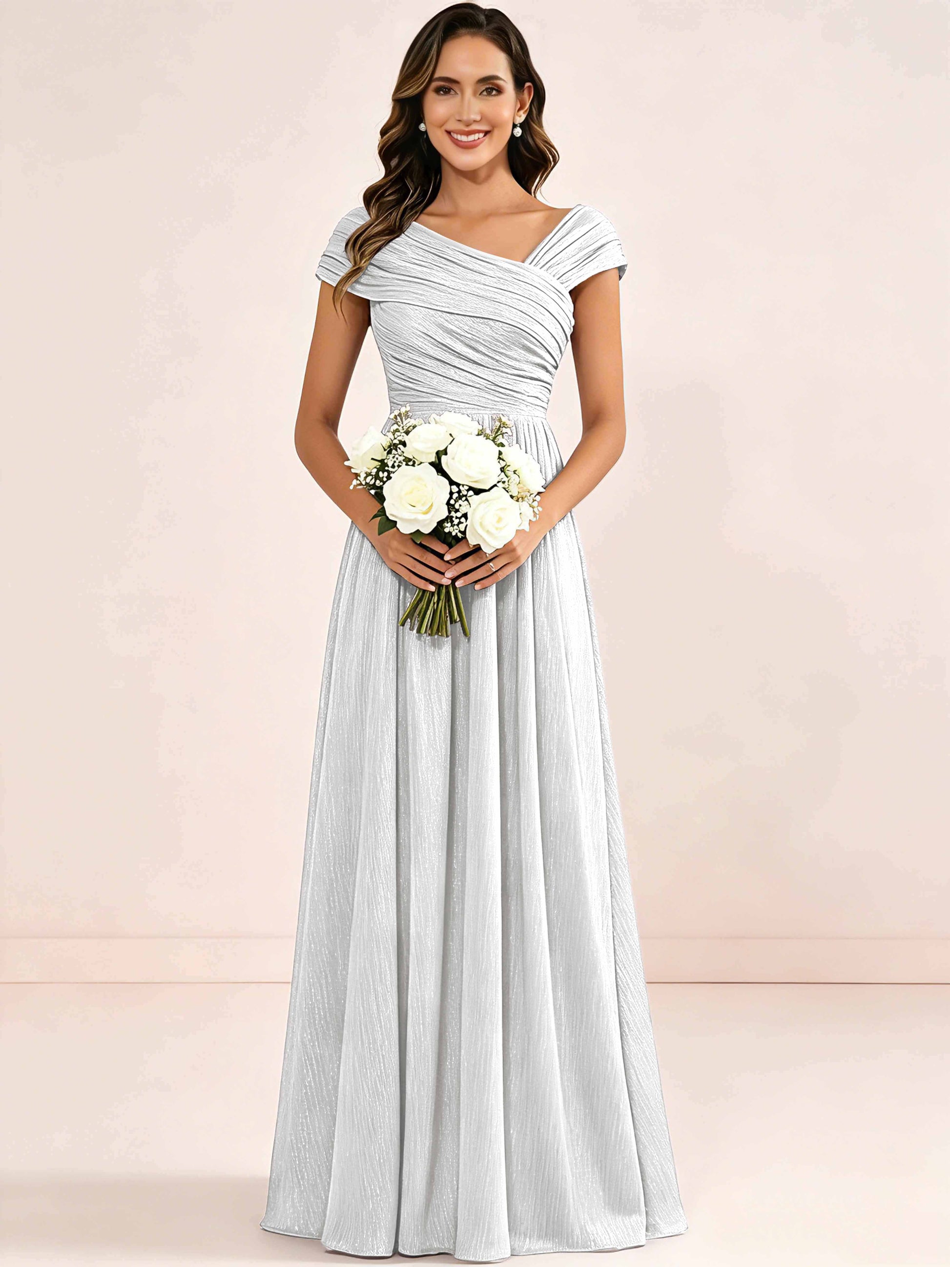 Shiny Striped Chiffon Ruched Cap Sleeve Mother of The Bride Dress