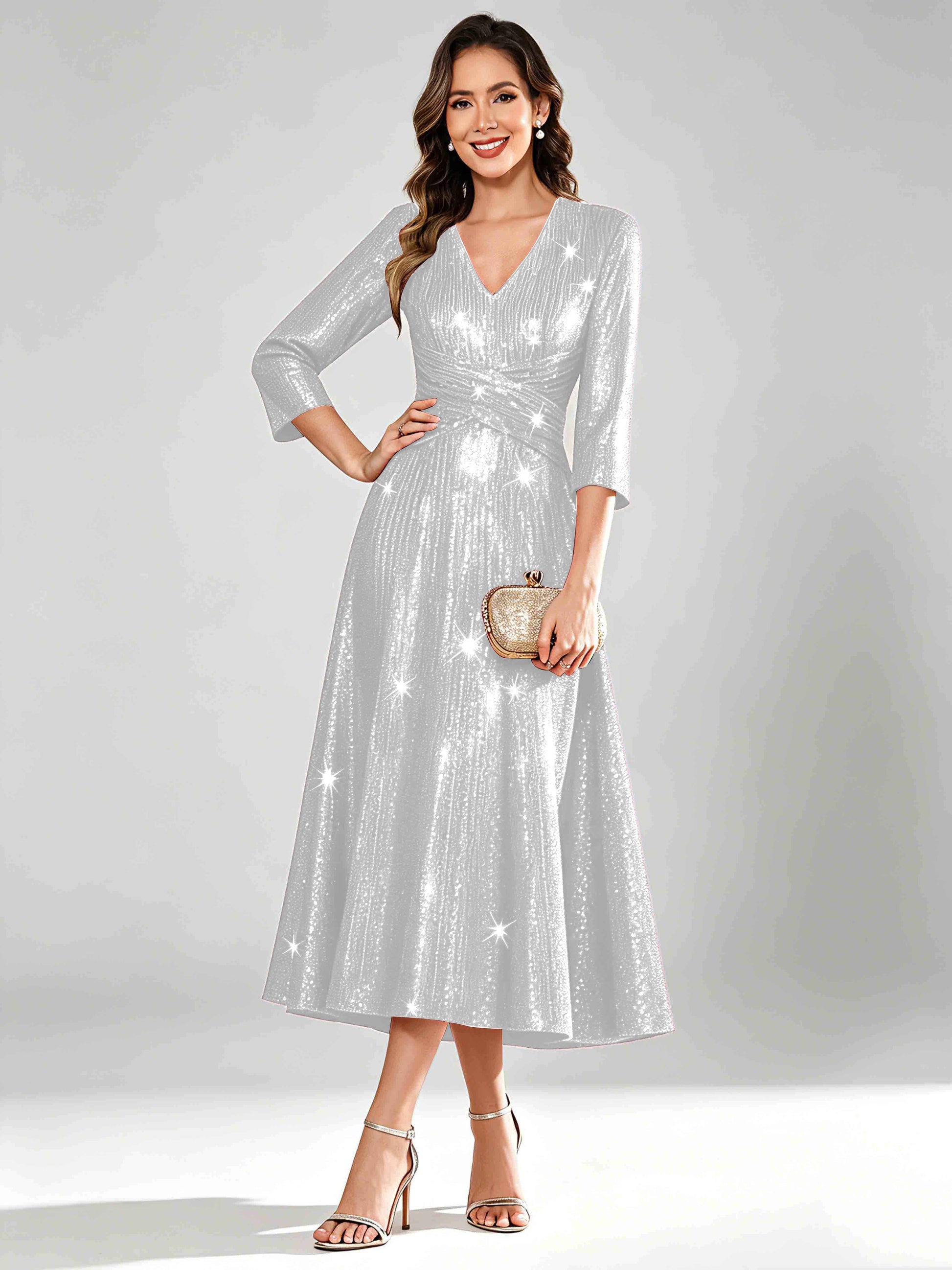 Sequin Sparkly 3/4 Sleeve Dressy Mother of The Bride Dresses