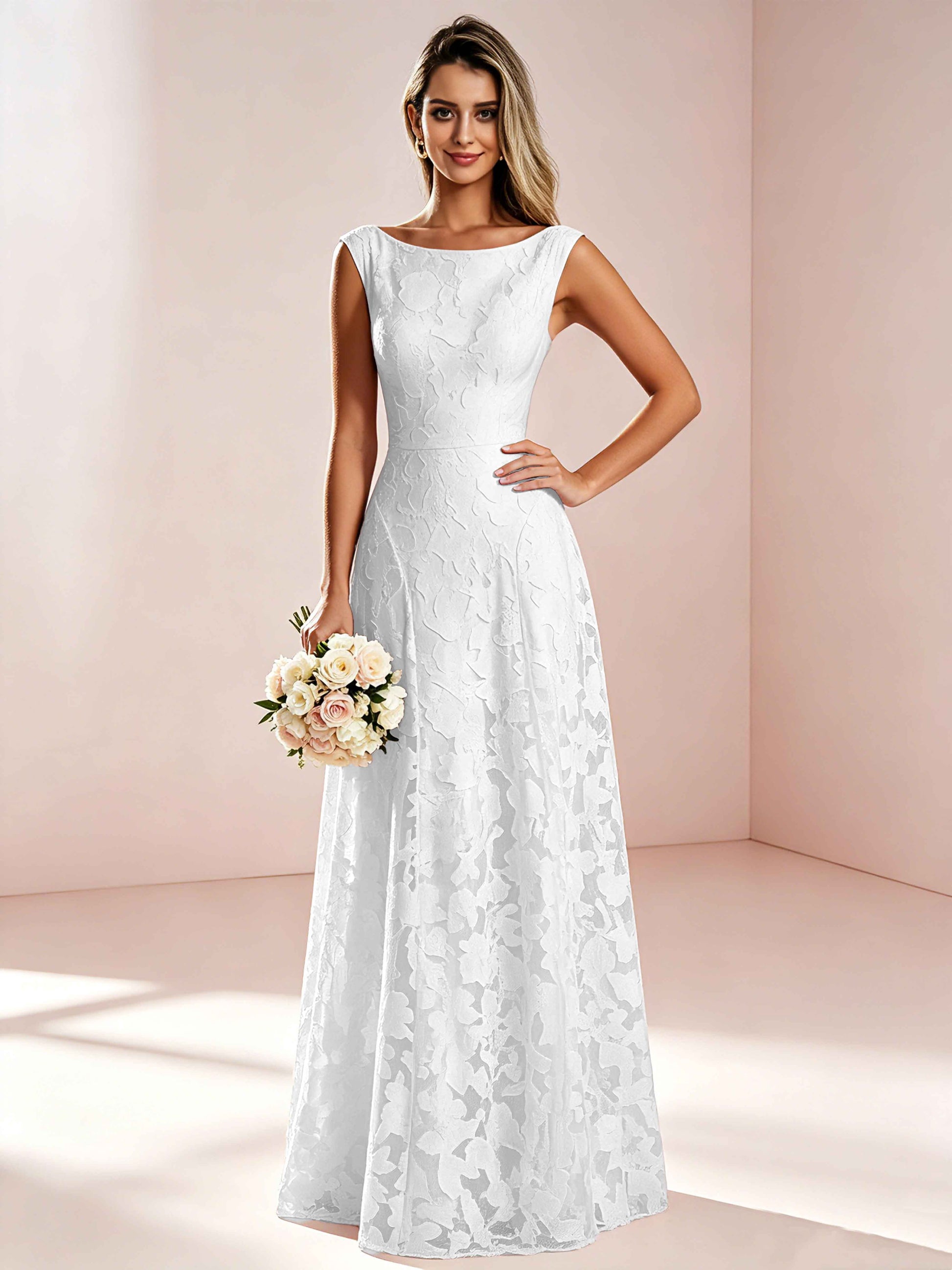 Boat Neck Jacquard Chiffon Floor Length Bridesmaid Dresses