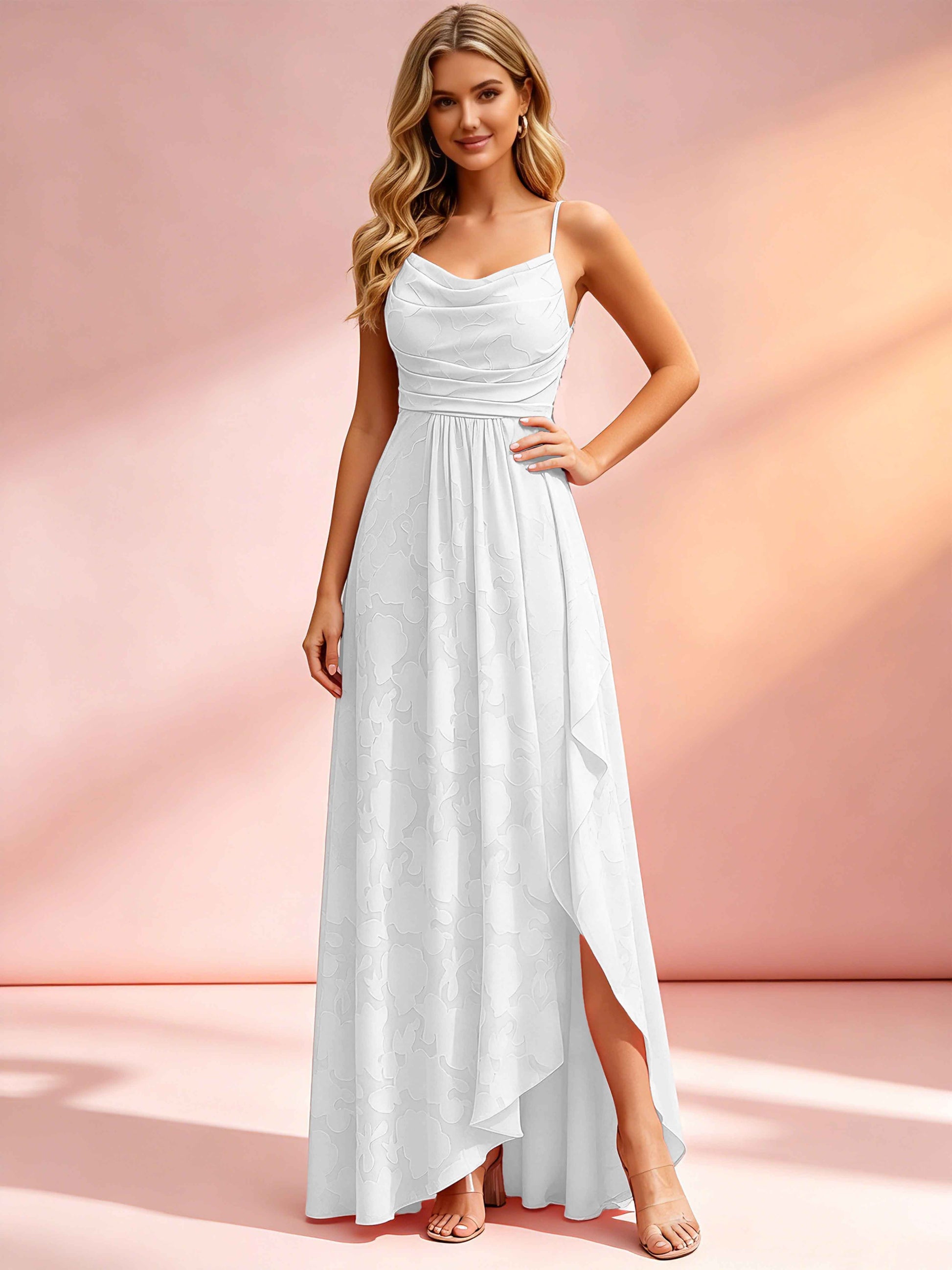 Jacquard Chiffon Cowl Neck Bridesmaid Dresses with Ruffle Slit