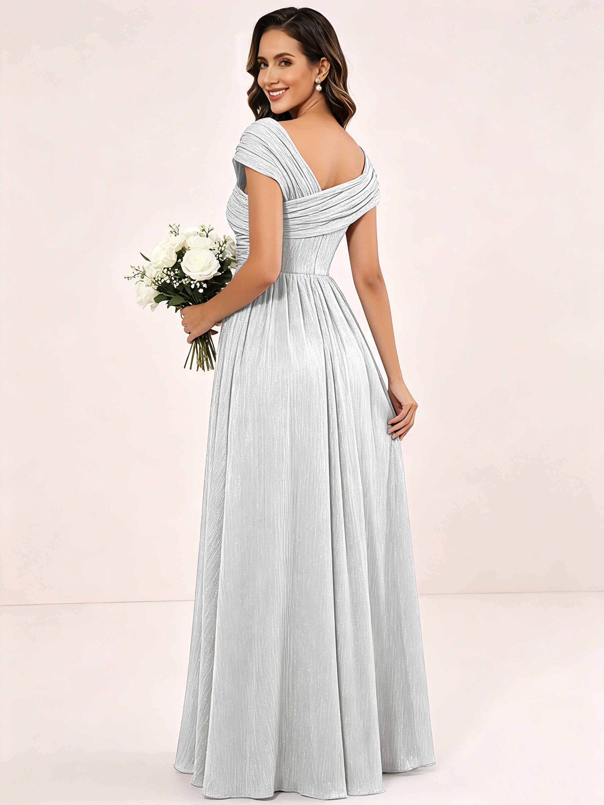 Shiny Striped Chiffon Ruched Cap Sleeve Mother of The Bride Dress