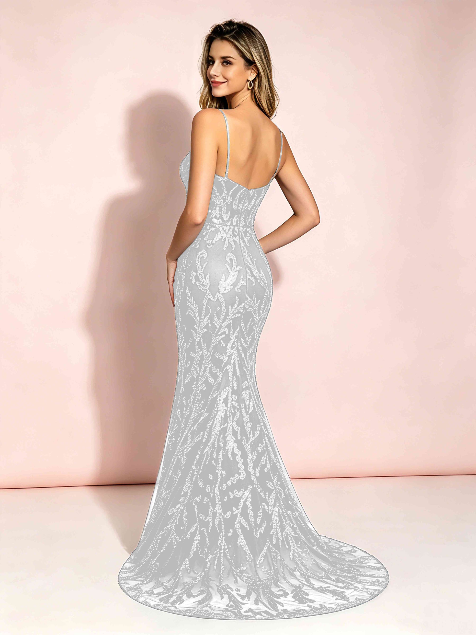 Mermaid V-Neck Sweep Train Sequin Sparkly Prom Dresses with Slit