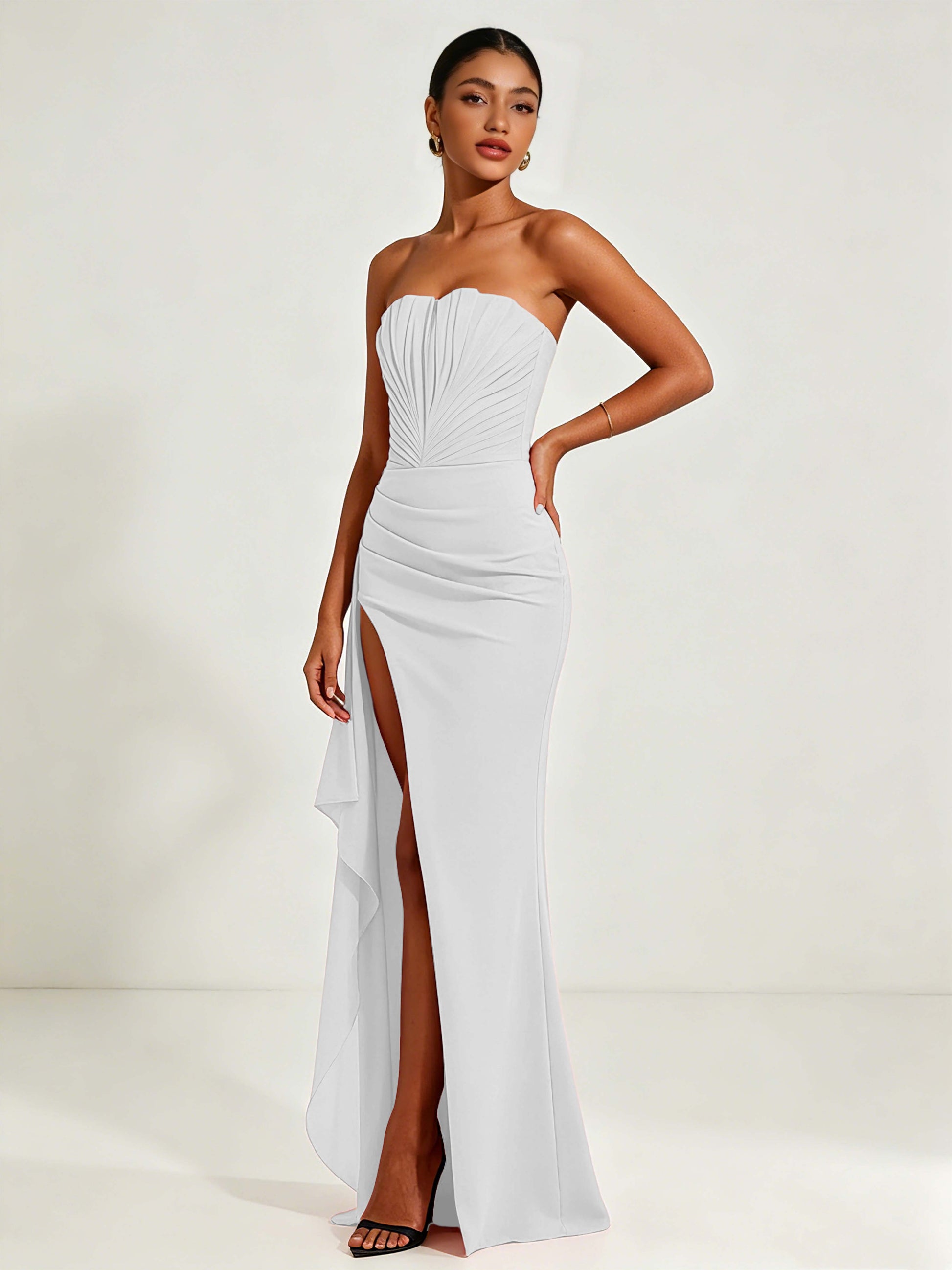 Strapless Ruched Bust Prom Dresses with Ruffle Slit