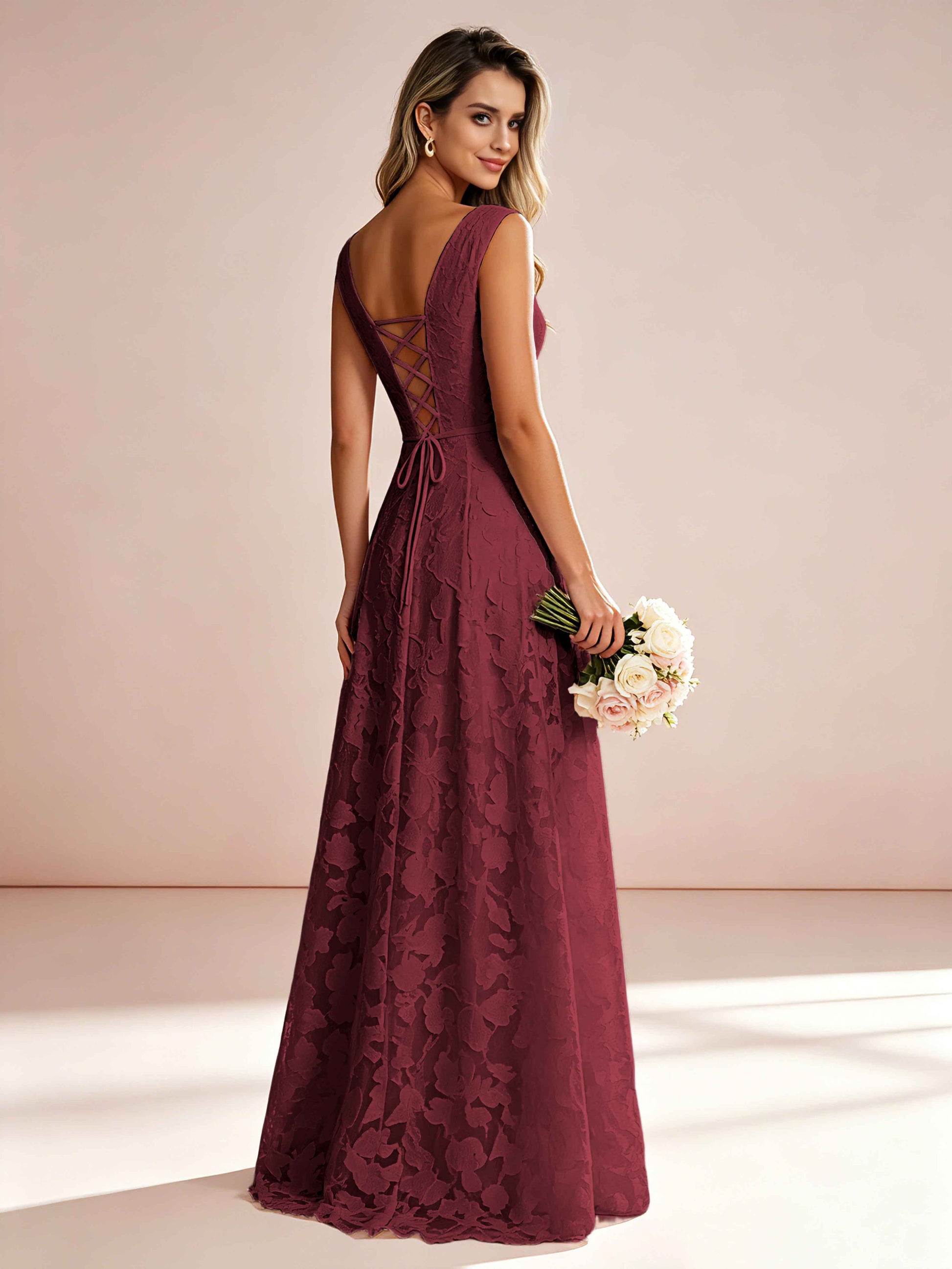 Boat Neck Jacquard Chiffon Floor Length Bridesmaid Dresses