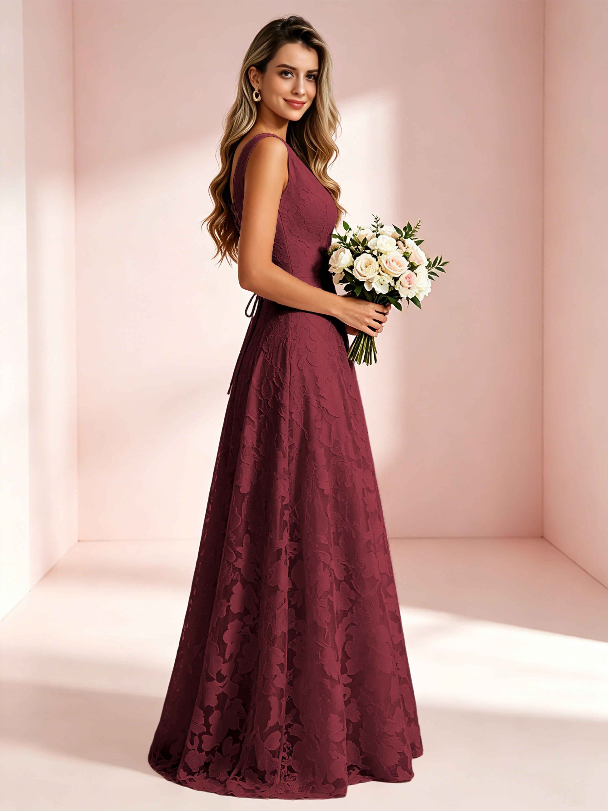 Boat Neck Jacquard Chiffon Floor Length Bridesmaid Dresses
