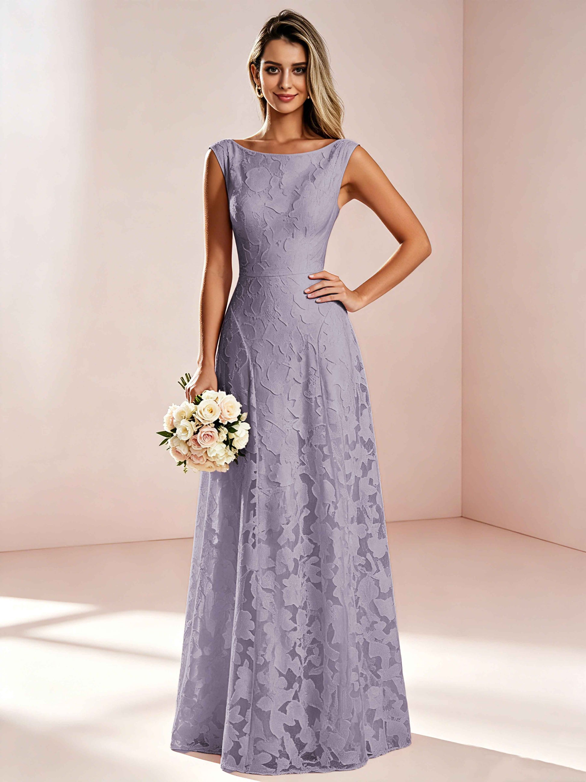Boat Neck Jacquard Chiffon Floor Length Bridesmaid Dresses