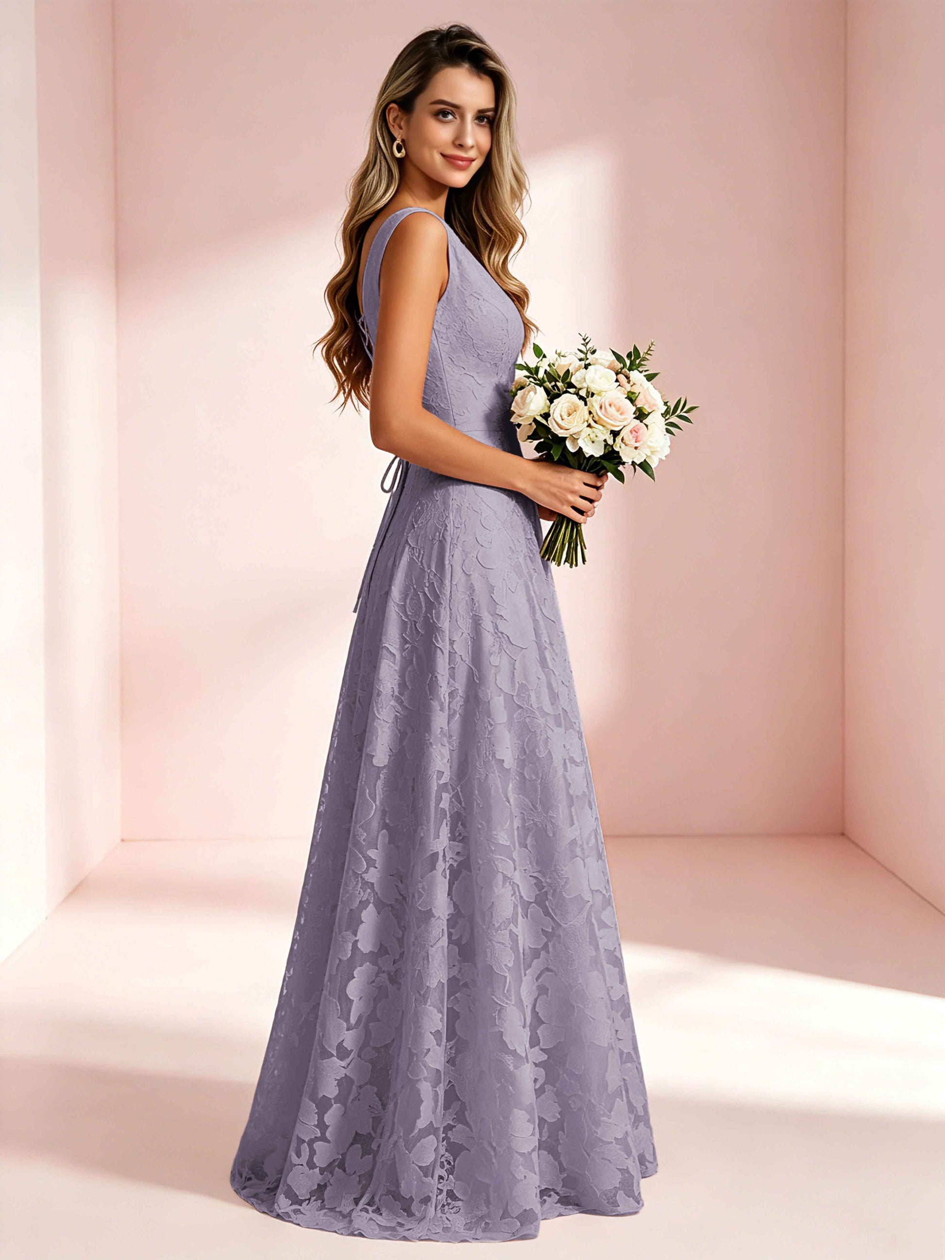 Boat Neck Jacquard Chiffon Floor Length Bridesmaid Dresses