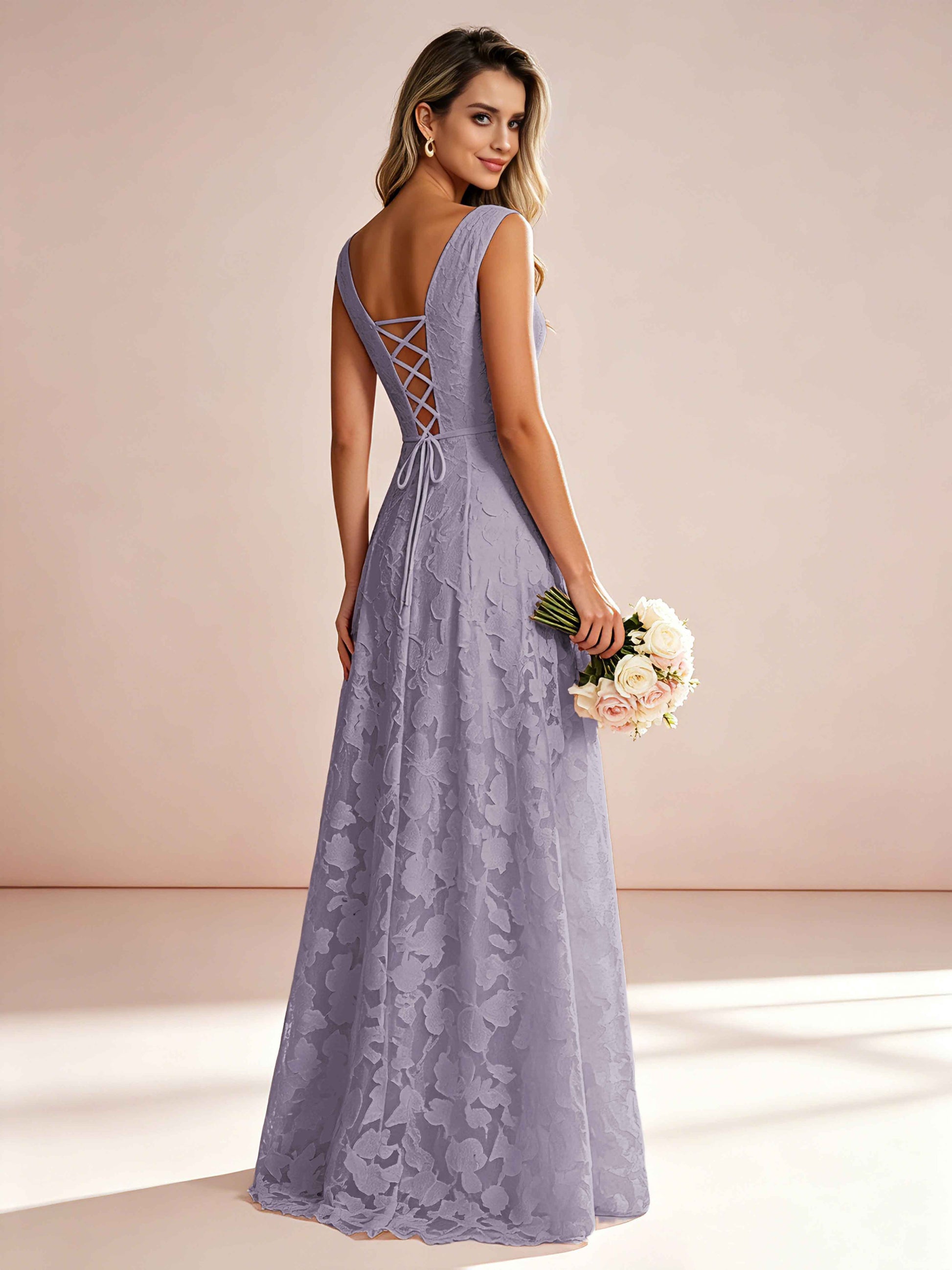 Boat Neck Jacquard Chiffon Floor Length Bridesmaid Dresses