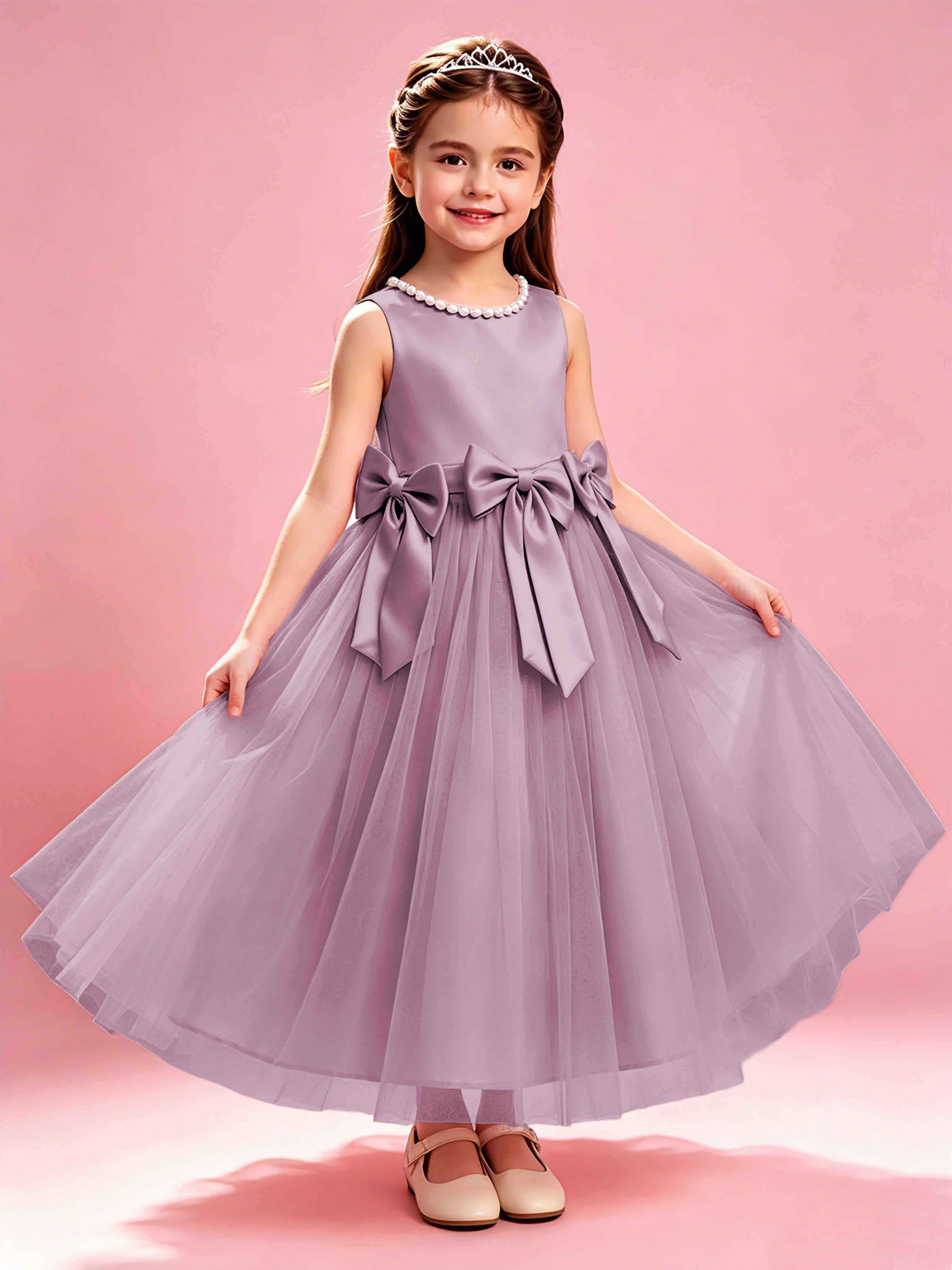 Satin Tulle Flower Girl Dress with Bow Princess Girls Pageant Gowns