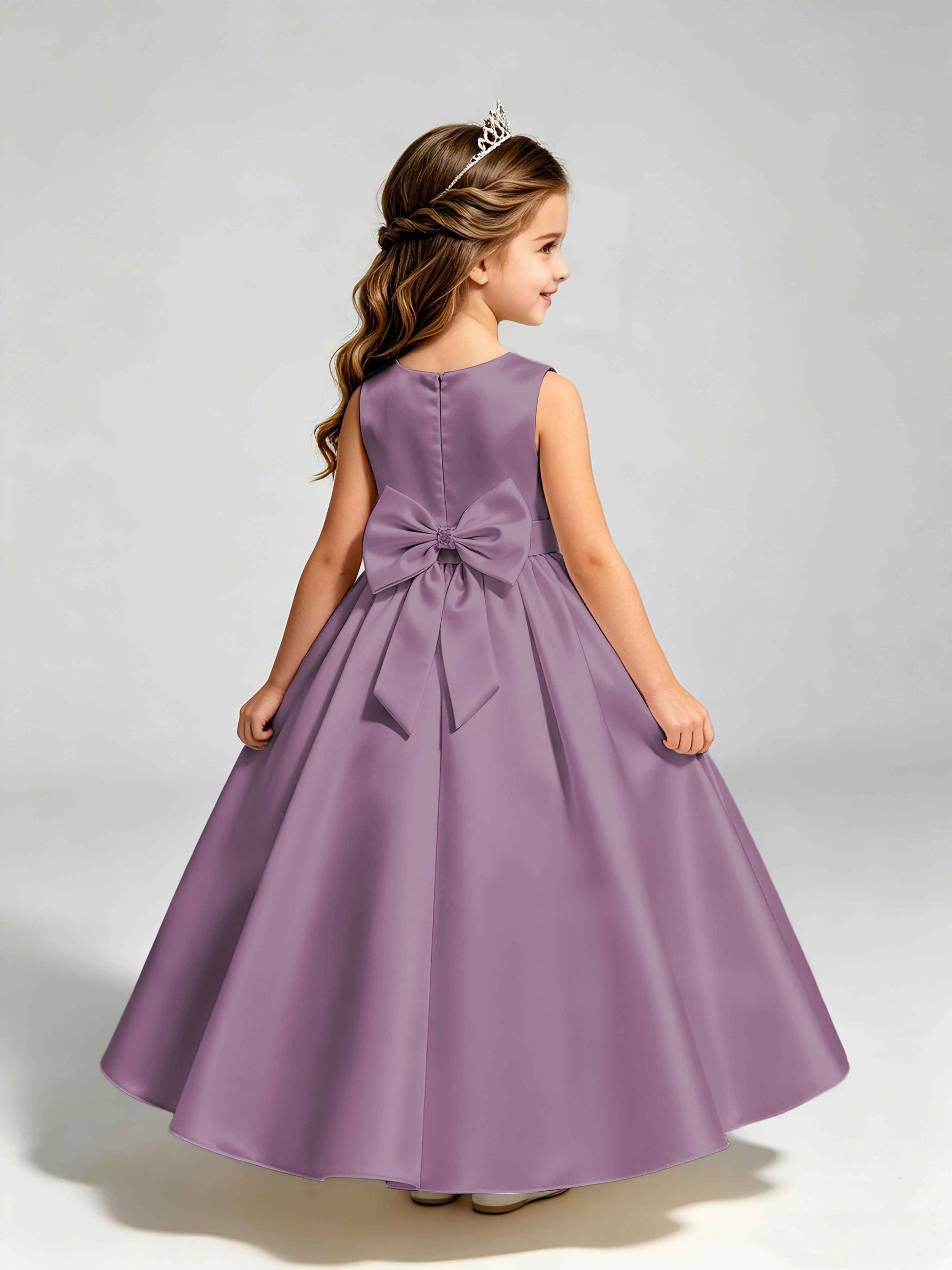Satin Flower Girl Dress with Bow Princess Girls Pageant Gowns
