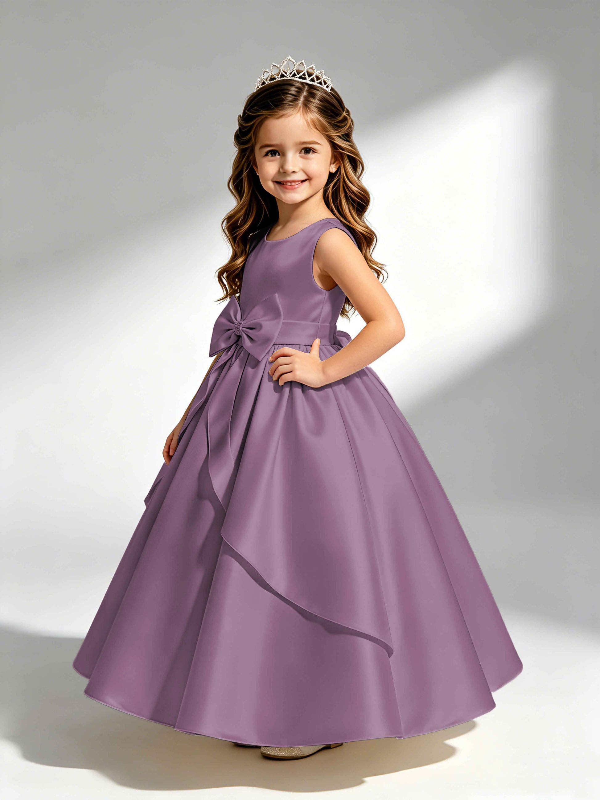 Satin Flower Girl Dress with Bow Princess Girls Pageant Gowns